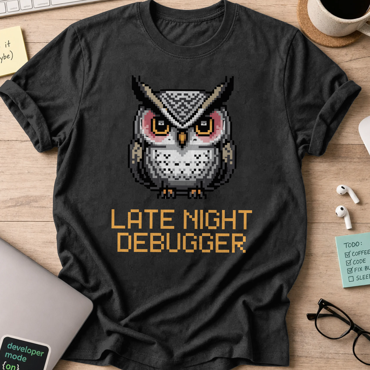 Black programmer shirt printed with "late night debugger", a funny developer t-shirt and coding gift for software engineers and coders.