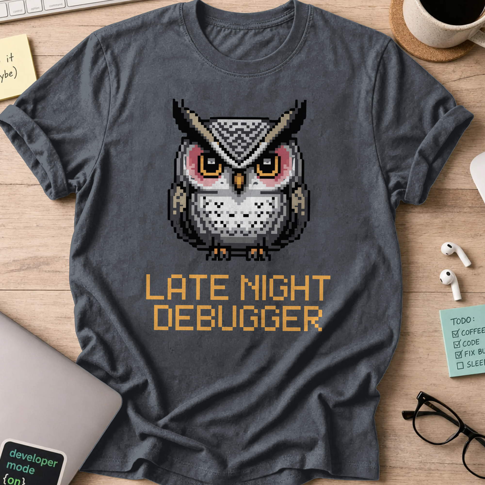 Dark Heather Grey programmer shirt printed with "late night debugger", a funny developer t-shirt and coding gift for software engineers and coders.