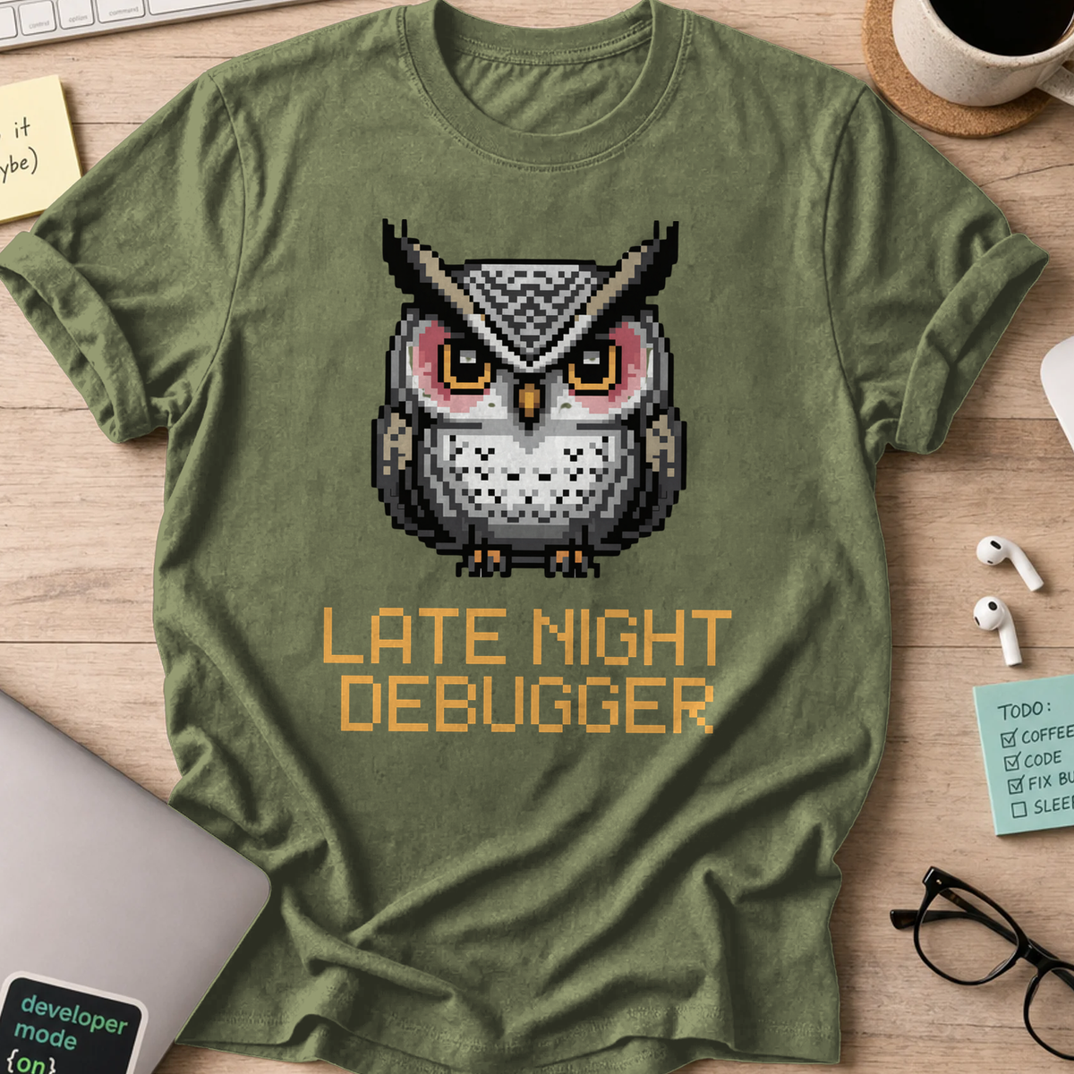 Military Green programmer shirt printed with "late night debugger", a funny developer t-shirt and coding gift for software engineers and coders.