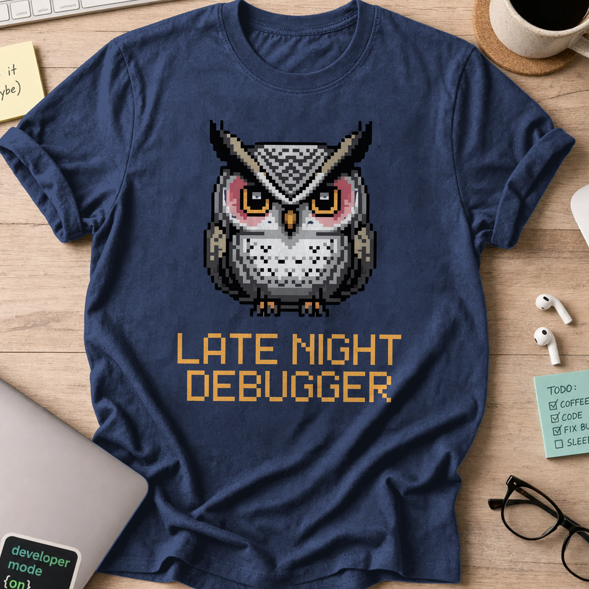 Navy programmer shirt printed with "late night debugger", a funny developer t-shirt and coding gift for software engineers and coders.