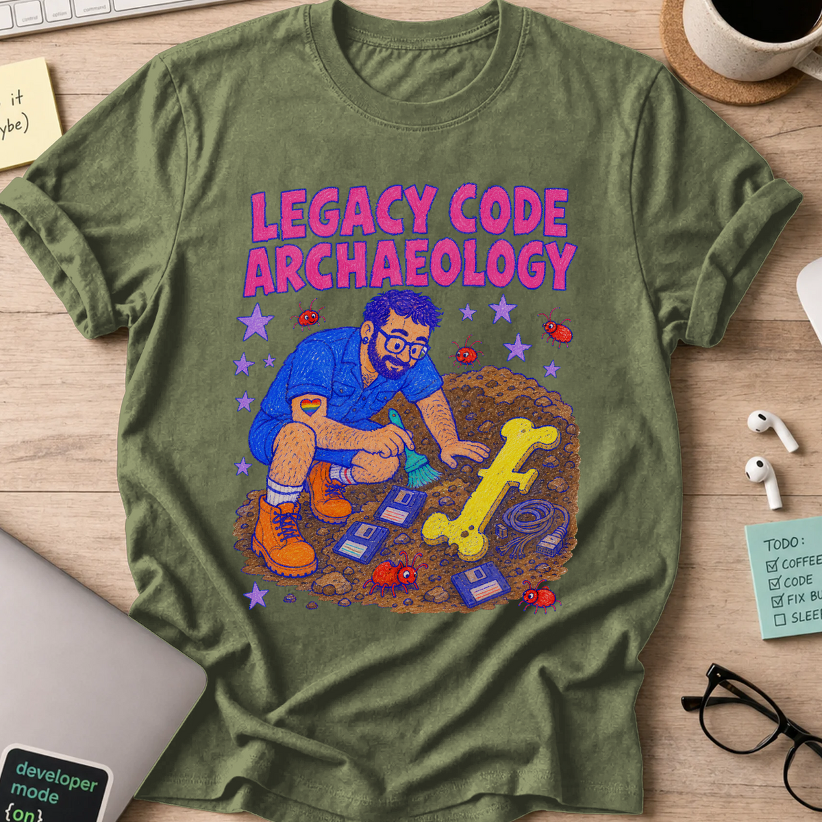 Legacy Code Archaeology Shirt — Military Green storefront mockup