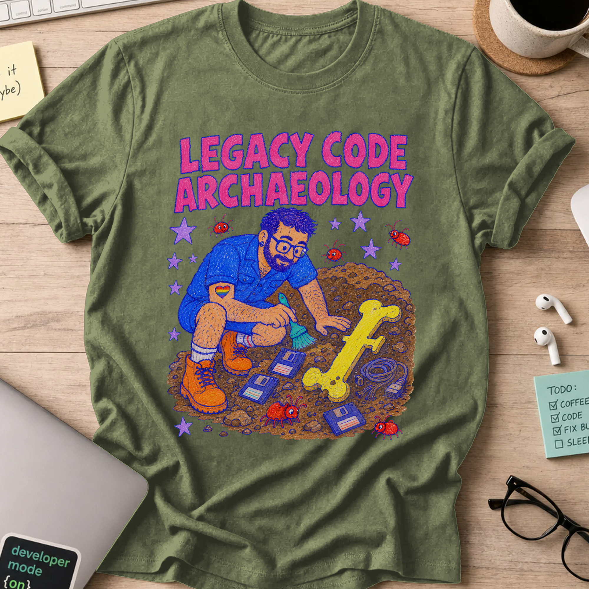 Legacy Code Archaeology Shirt — Military Green storefront mockup