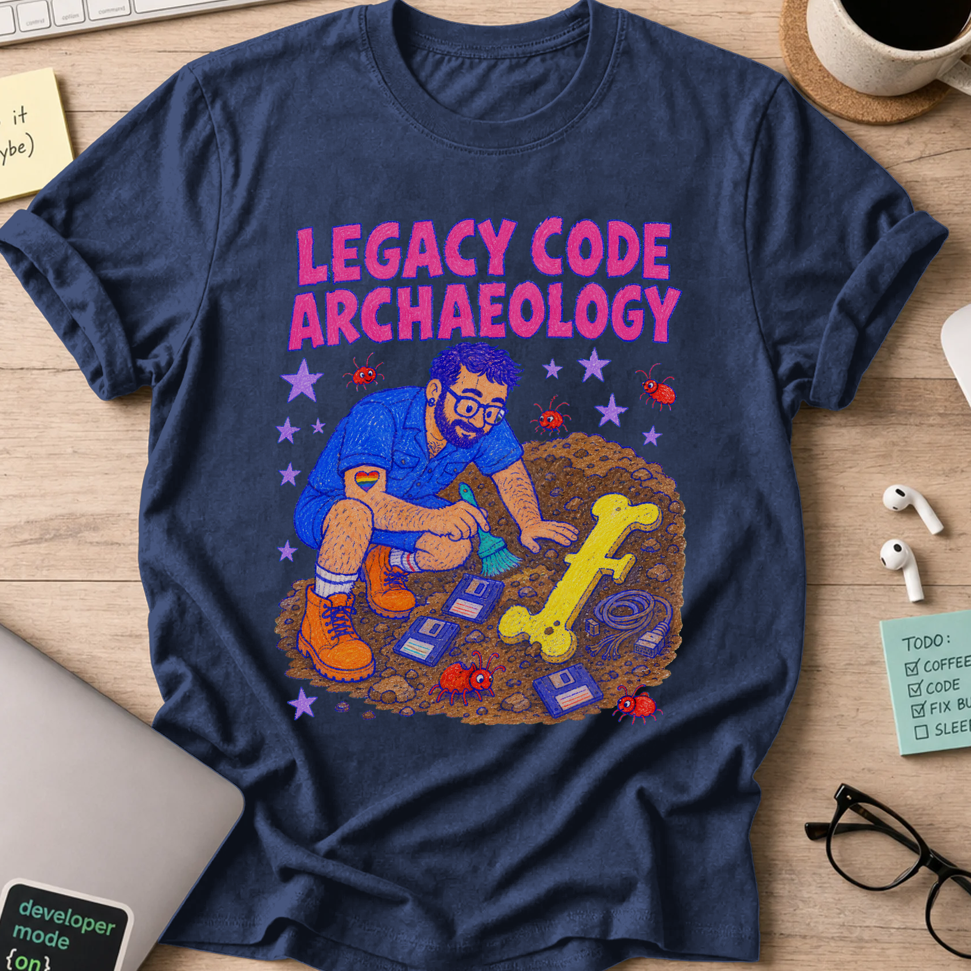 Legacy Code Archaeology Shirt — Navy storefront mockup