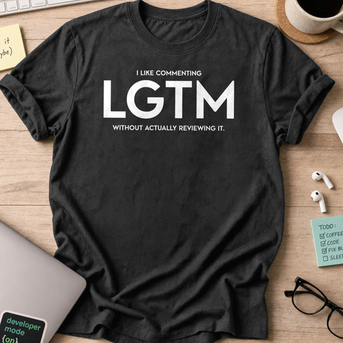 Black programmer shirt printed with "LGTM", a funny developer t-shirt and coding gift for software engineers and coders.