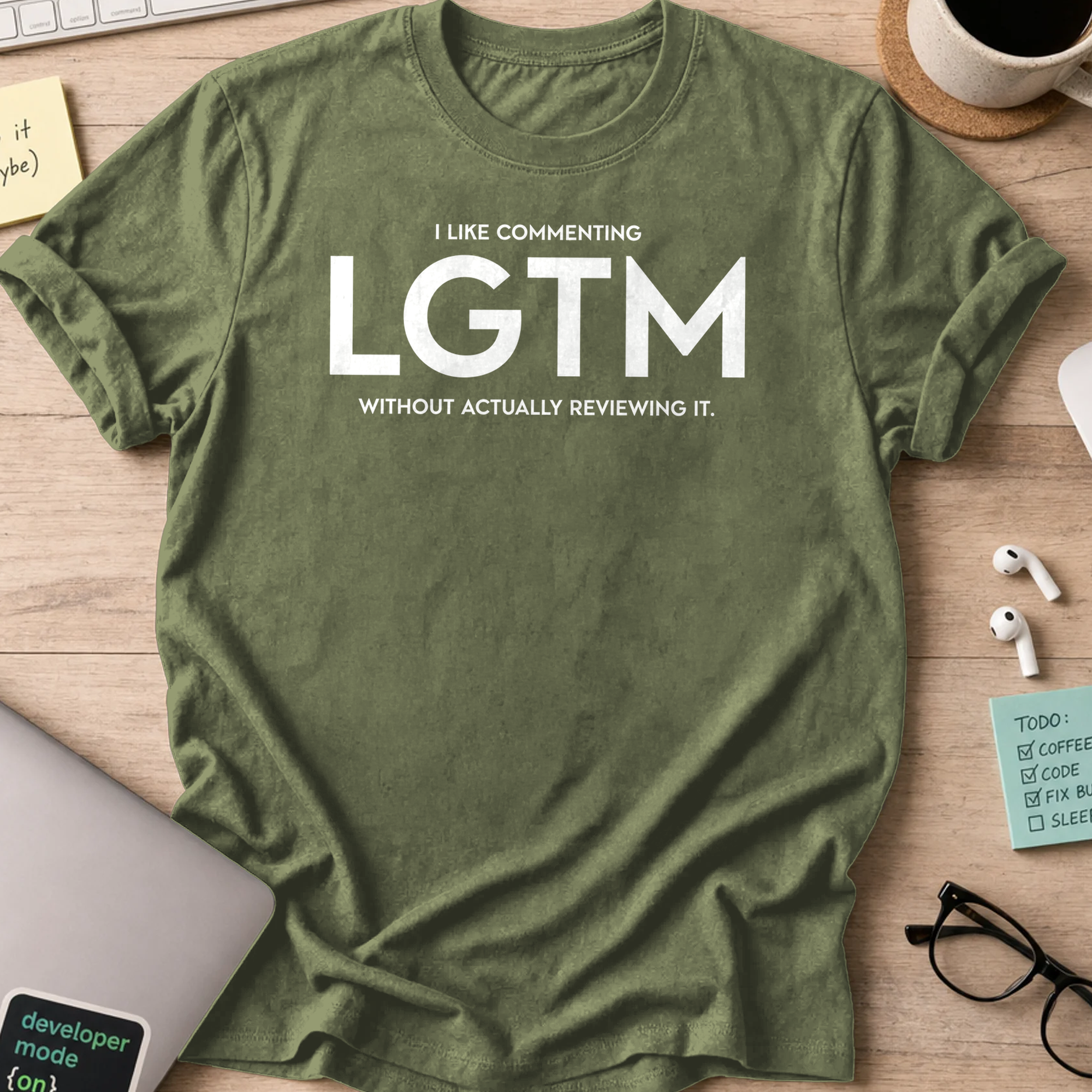 Military Green programmer shirt printed with "LGTM", a funny developer t-shirt and coding gift for software engineers and coders.