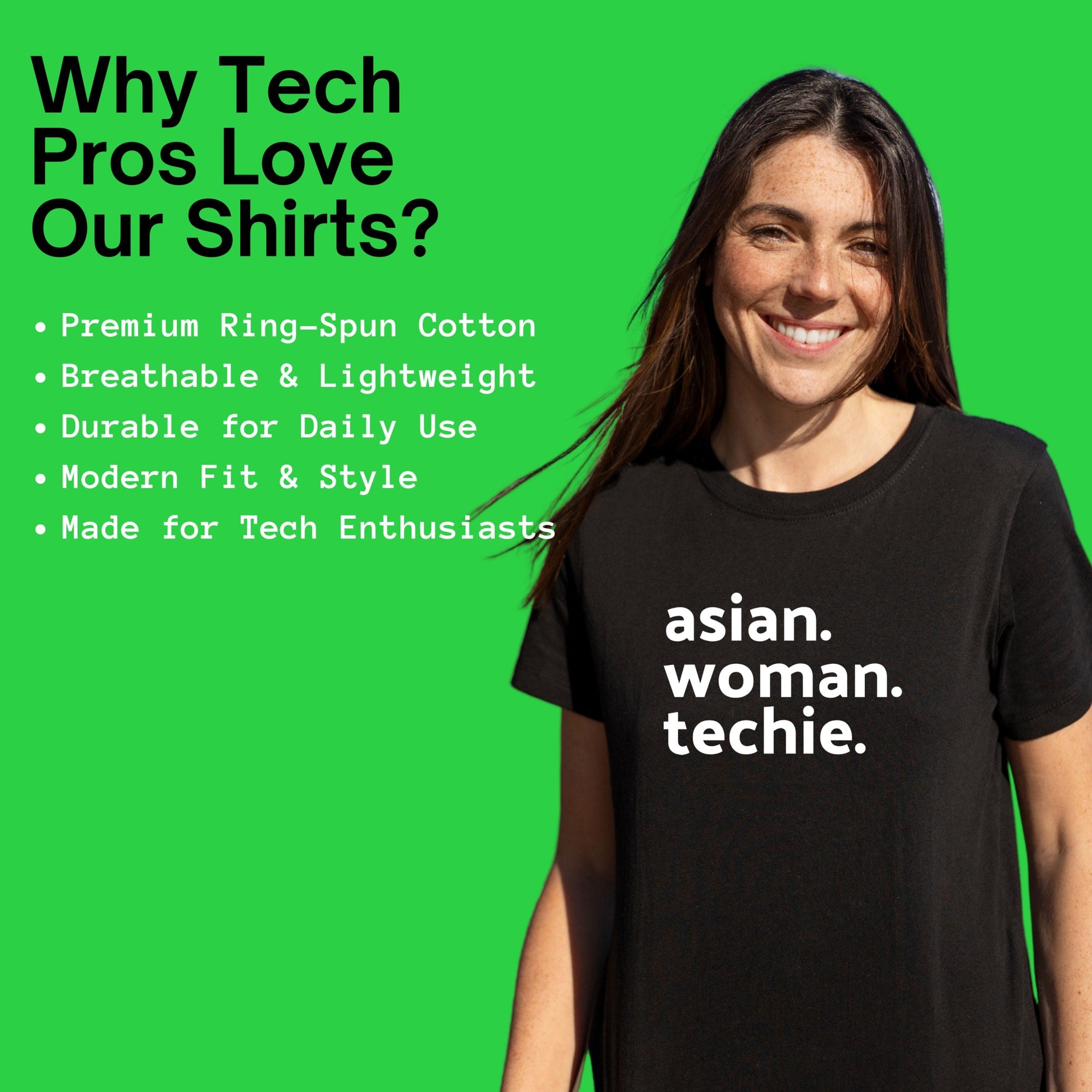 asian woman techie shirt