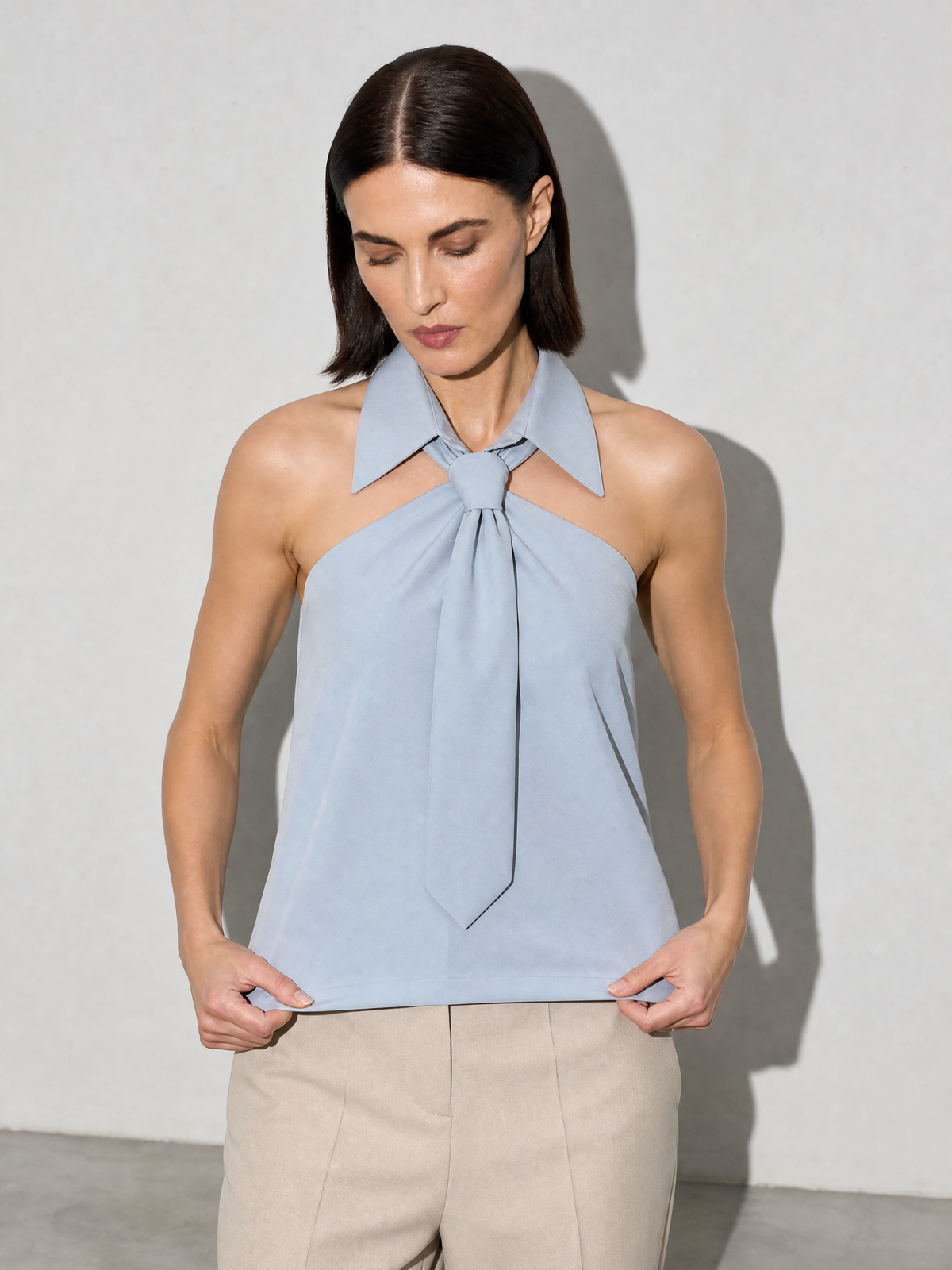 Polo Collar Tie Shirt Women's Design Vest - Light Blue Premium Fabric Finish Adjusting