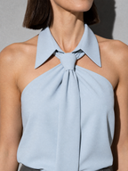 Polo Collar Tie Shirt Women's Design Vest - Light Blue Premium Fabric Finish Macro