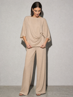 Relaxed-fit Top And High-waisted Wide-leg Pants Two-piece Set - Light Brown Premium Fabric Finish Adjusting