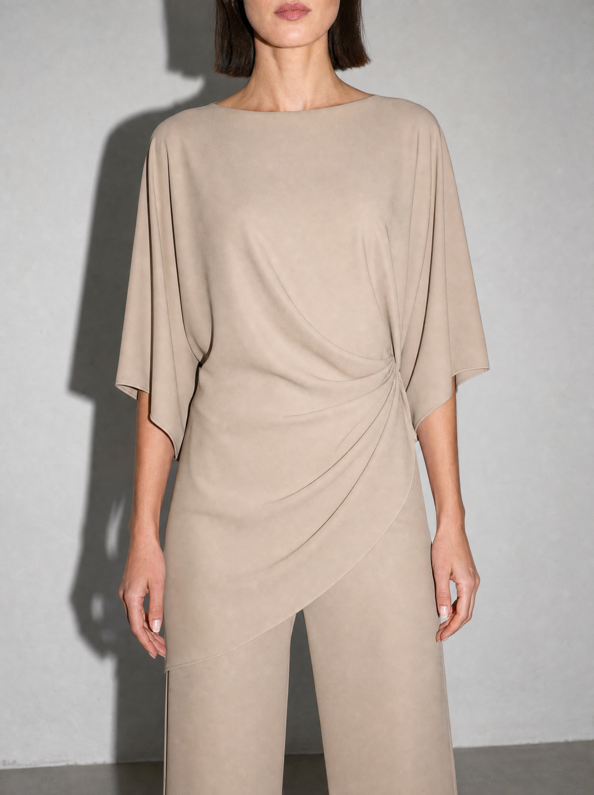 Relaxed-fit Top And High-waisted Wide-leg Pants Two-piece Set - Light Brown Premium Fabric Finish Bust To Thigh