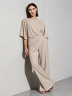 Relaxed-fit Top And High-waisted Wide-leg Pants Two-piece Set - Light Brown Premium Fabric Finish Seated Or Lean