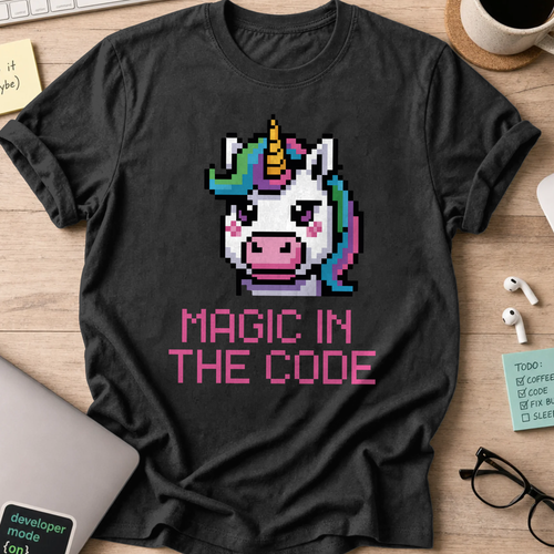 Black programmer shirt printed with "magic in the code", a funny developer t-shirt and coding gift for software engineers and coders.