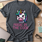 Dark Heather Grey programmer shirt printed with "magic in the code", a funny developer t-shirt and coding gift for software engineers and coders.