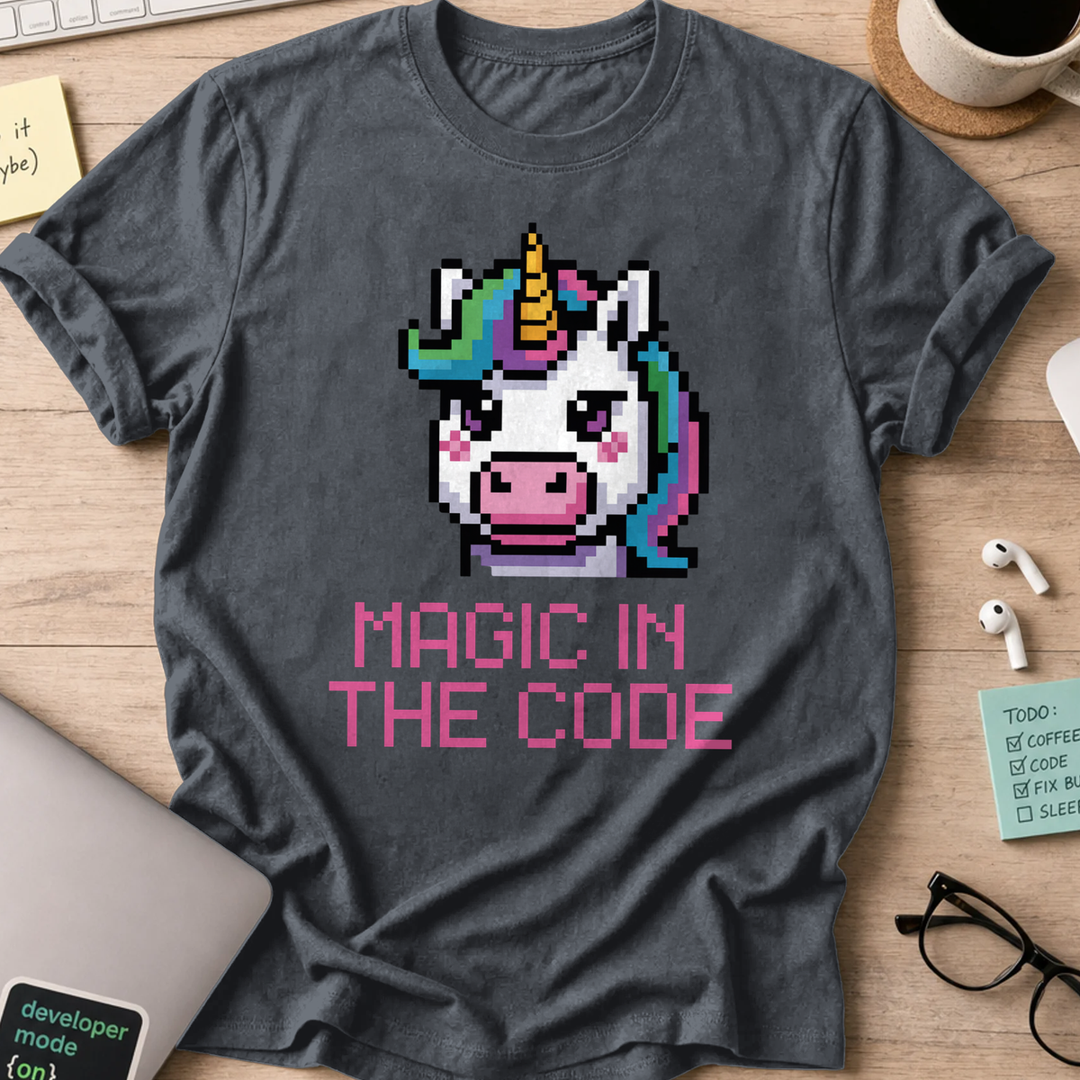 Dark Heather Grey programmer shirt printed with "magic in the code", a funny developer t-shirt and coding gift for software engineers and coders.