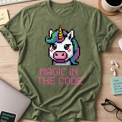 Military Green programmer shirt printed with "magic in the code", a funny developer t-shirt and coding gift for software engineers and coders.