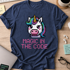 Navy programmer shirt printed with "magic in the code", a funny developer t-shirt and coding gift for software engineers and coders.