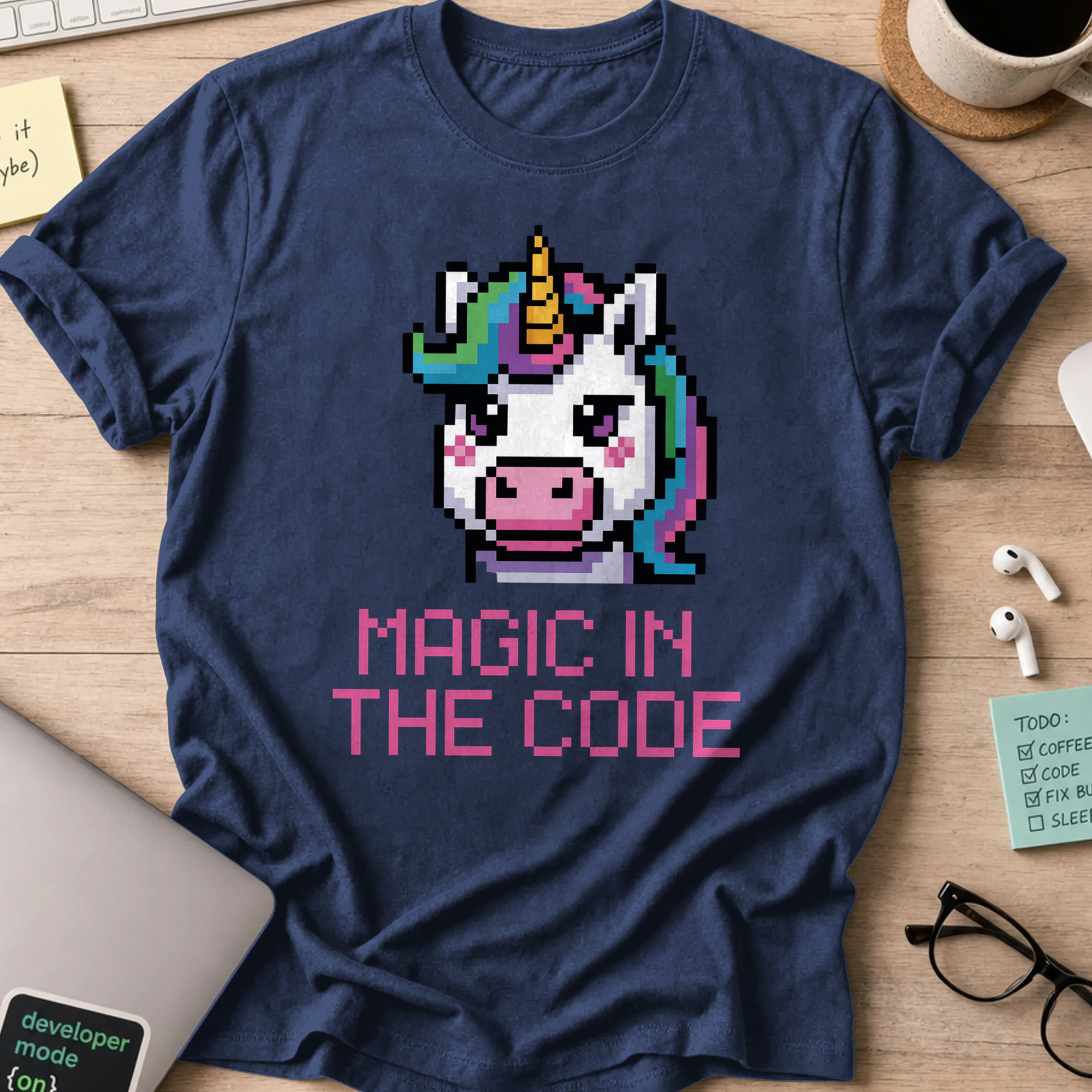 Navy programmer shirt printed with "magic in the code", a funny developer t-shirt and coding gift for software engineers and coders.