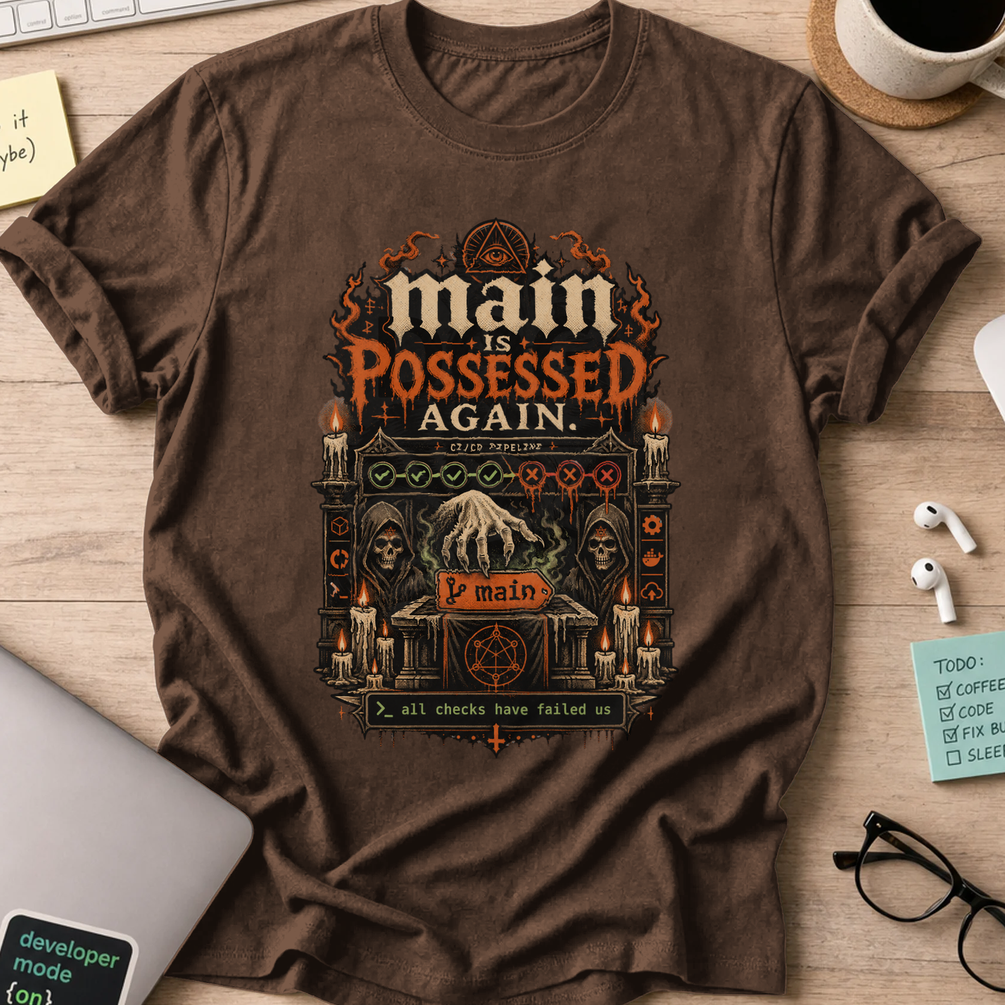 Main Is Possessed Again Shirt — Dark Chocolate storefront mockup