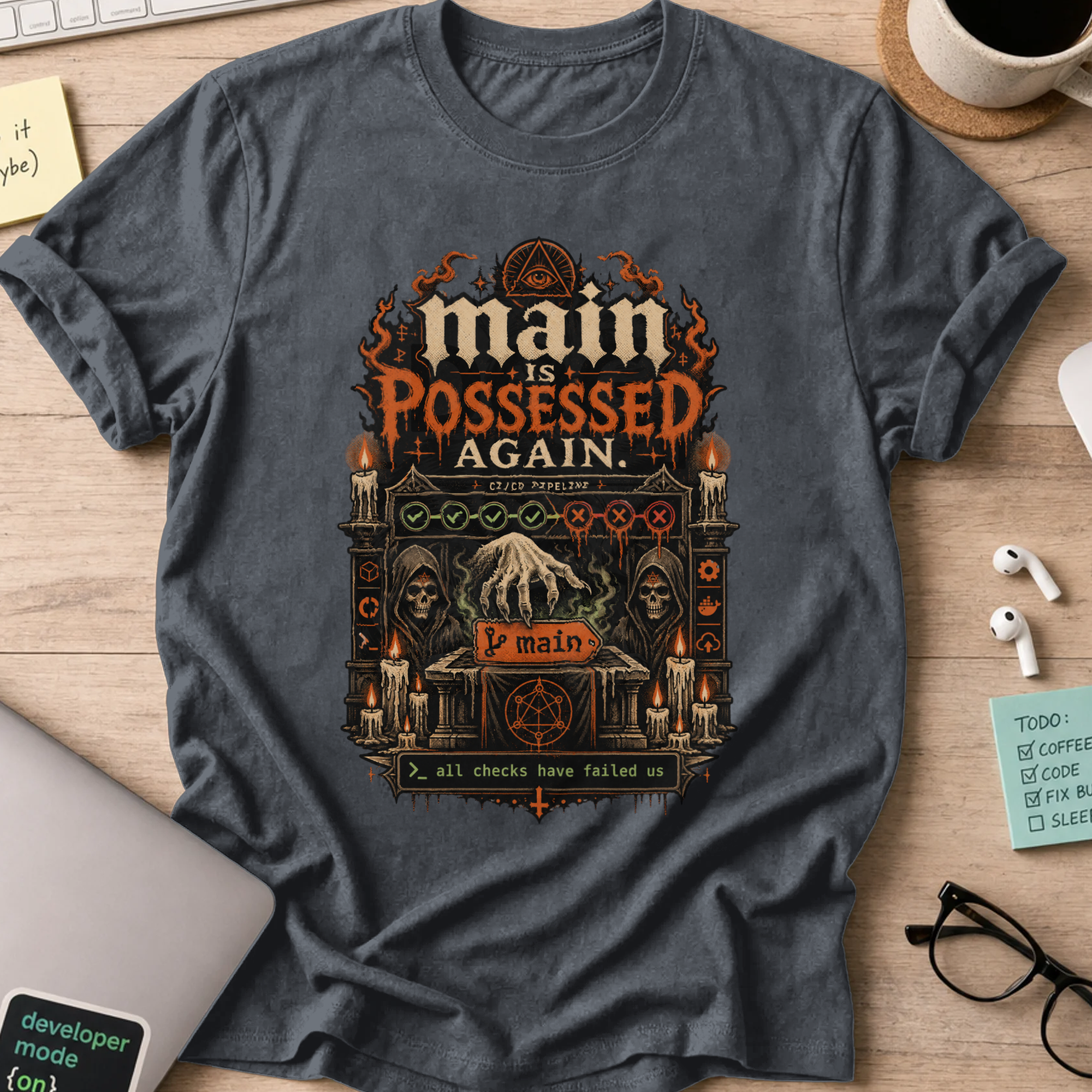 Main Is Possessed Again Shirt — Dark Heather storefront mockup