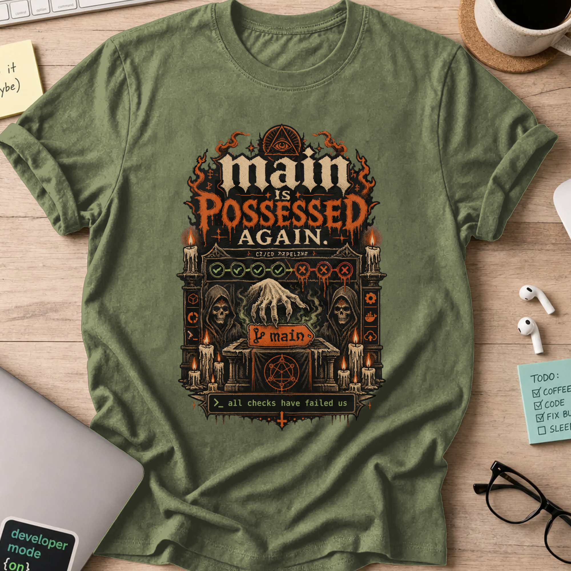 Main Is Possessed Again Shirt — Military Green storefront mockup