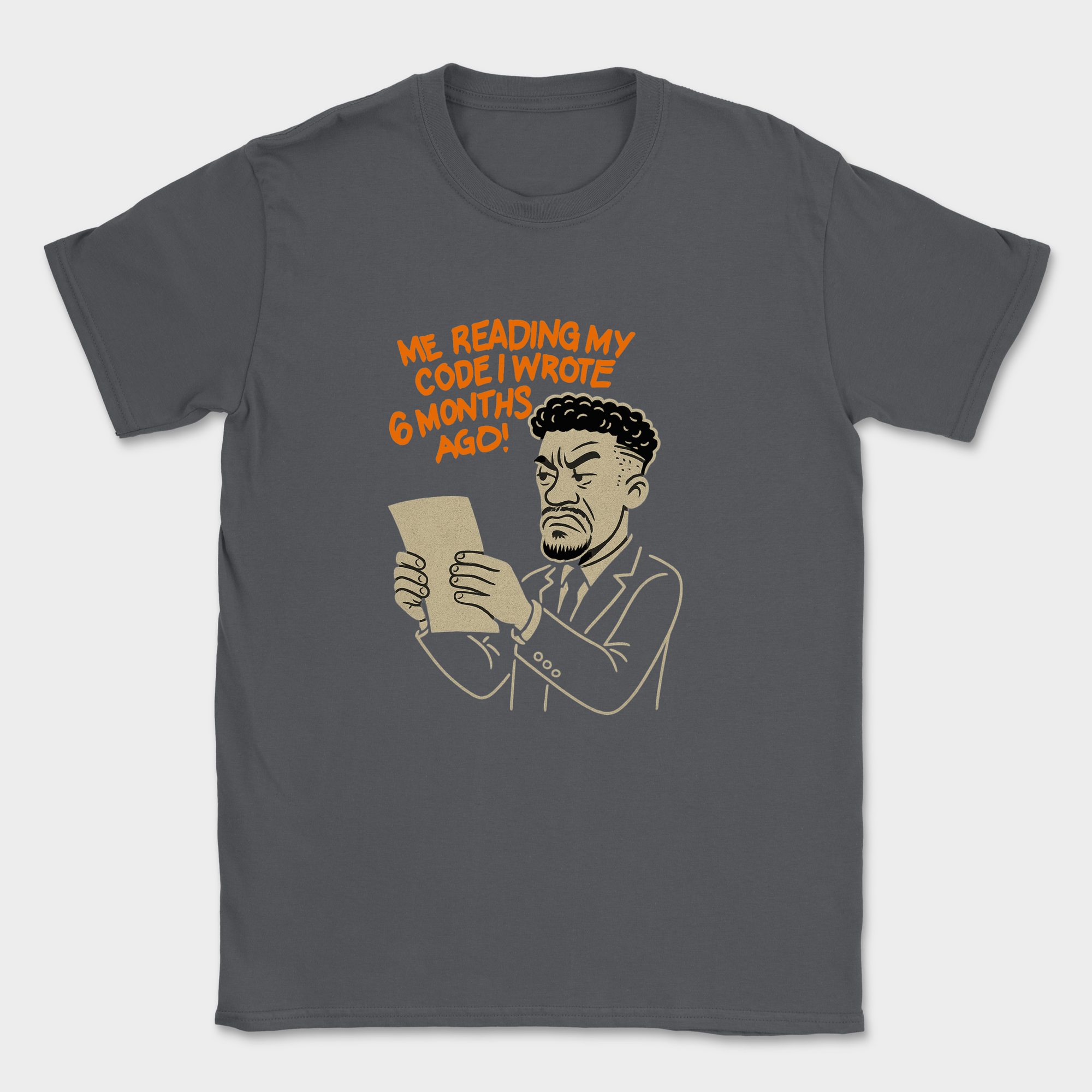 me reading my own code shirt — Dark Heather Grey