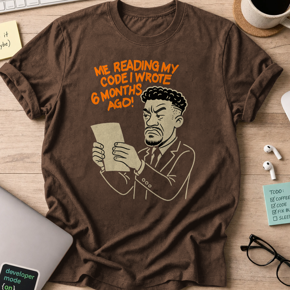 me reading my own code shirt - Dark Chocolate