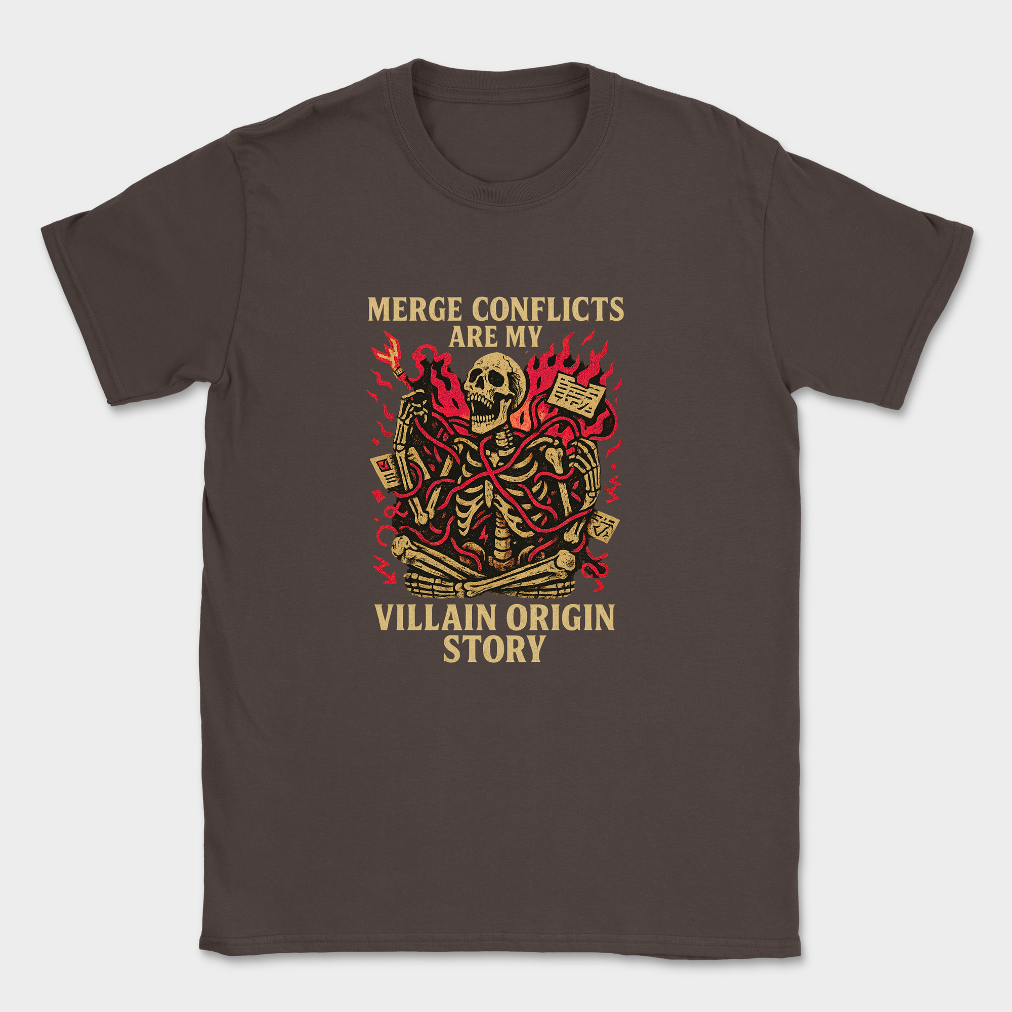 merge conflicts are my villain origin story skeleton shirt — Dark Chocolate