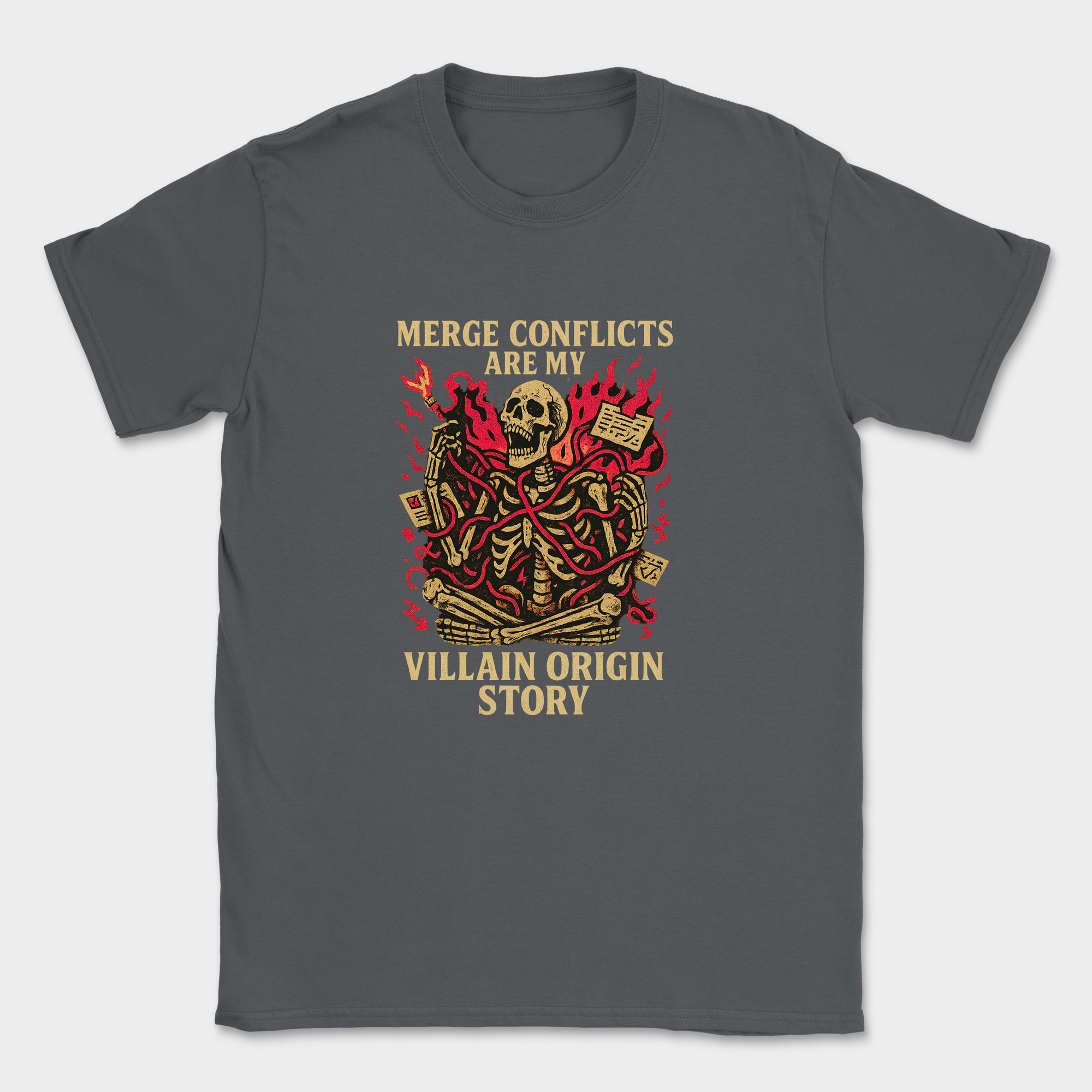 merge conflicts are my villain origin story skeleton shirt — Dark Heather Grey