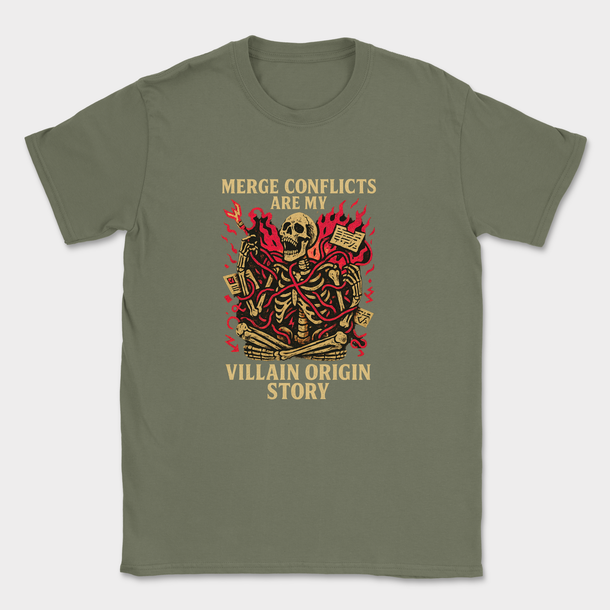 merge conflicts are my villain origin story skeleton shirt — Military Green