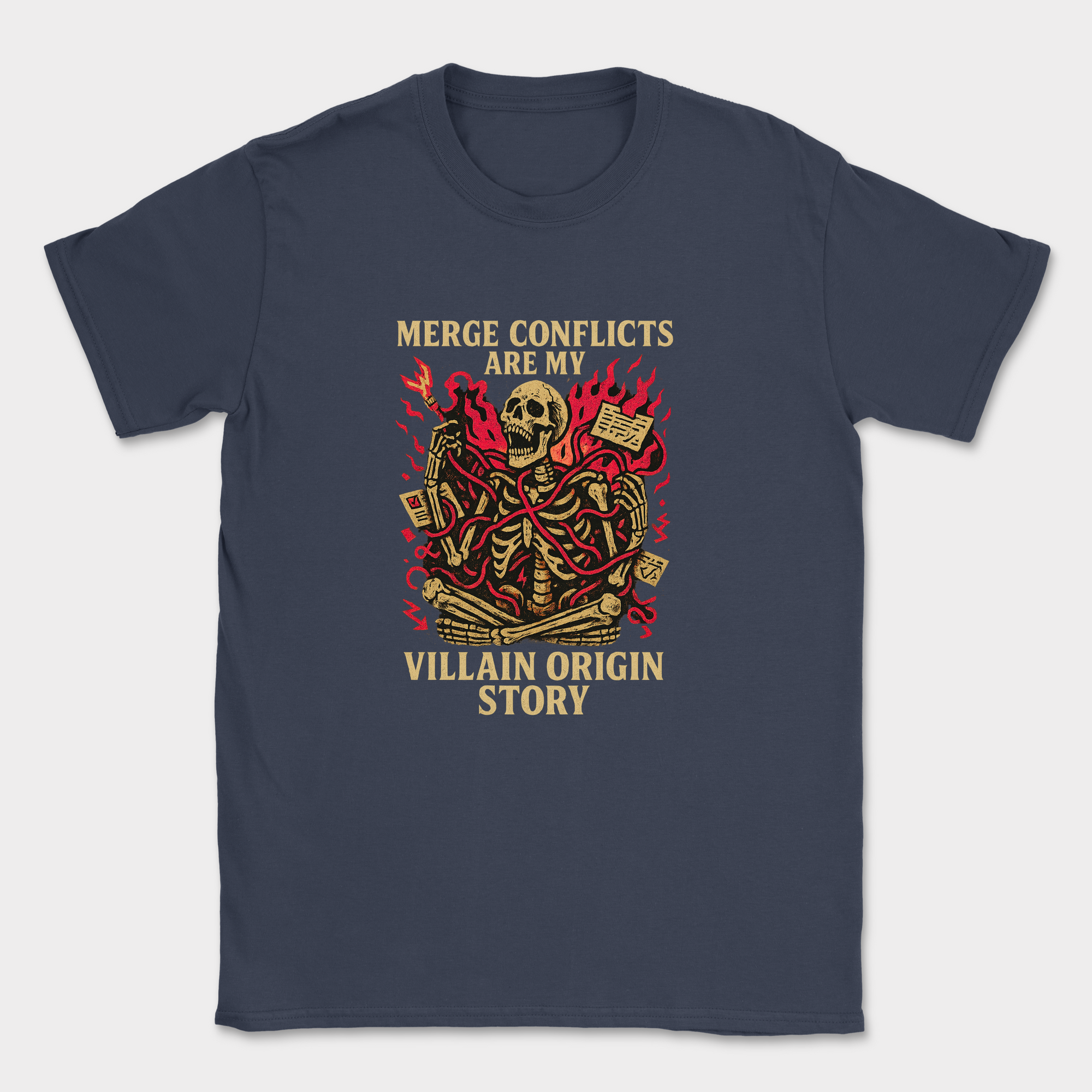 merge conflicts are my villain origin story skeleton shirt — Navy
