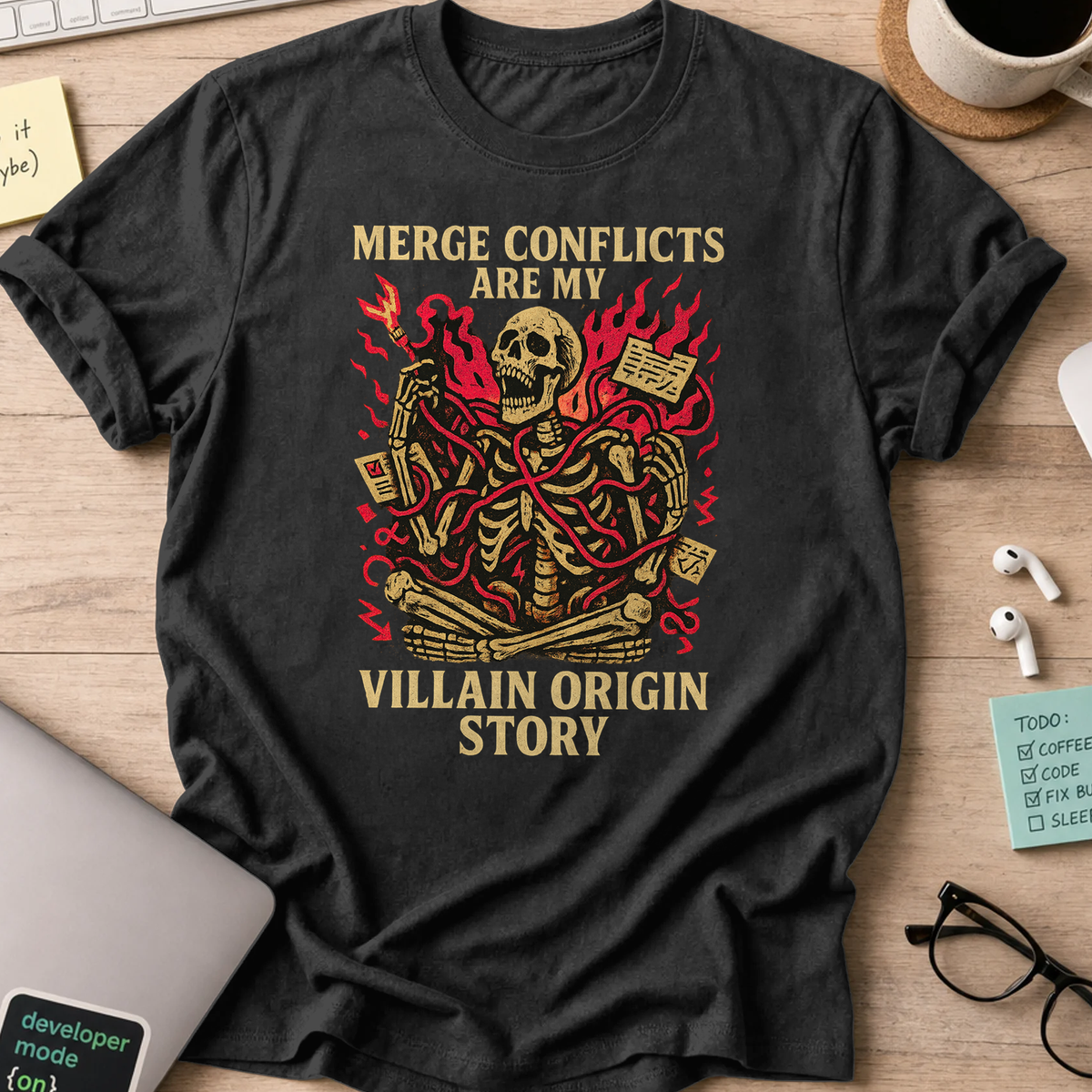 merge conflicts are my villain origin story skeleton shirt - Black