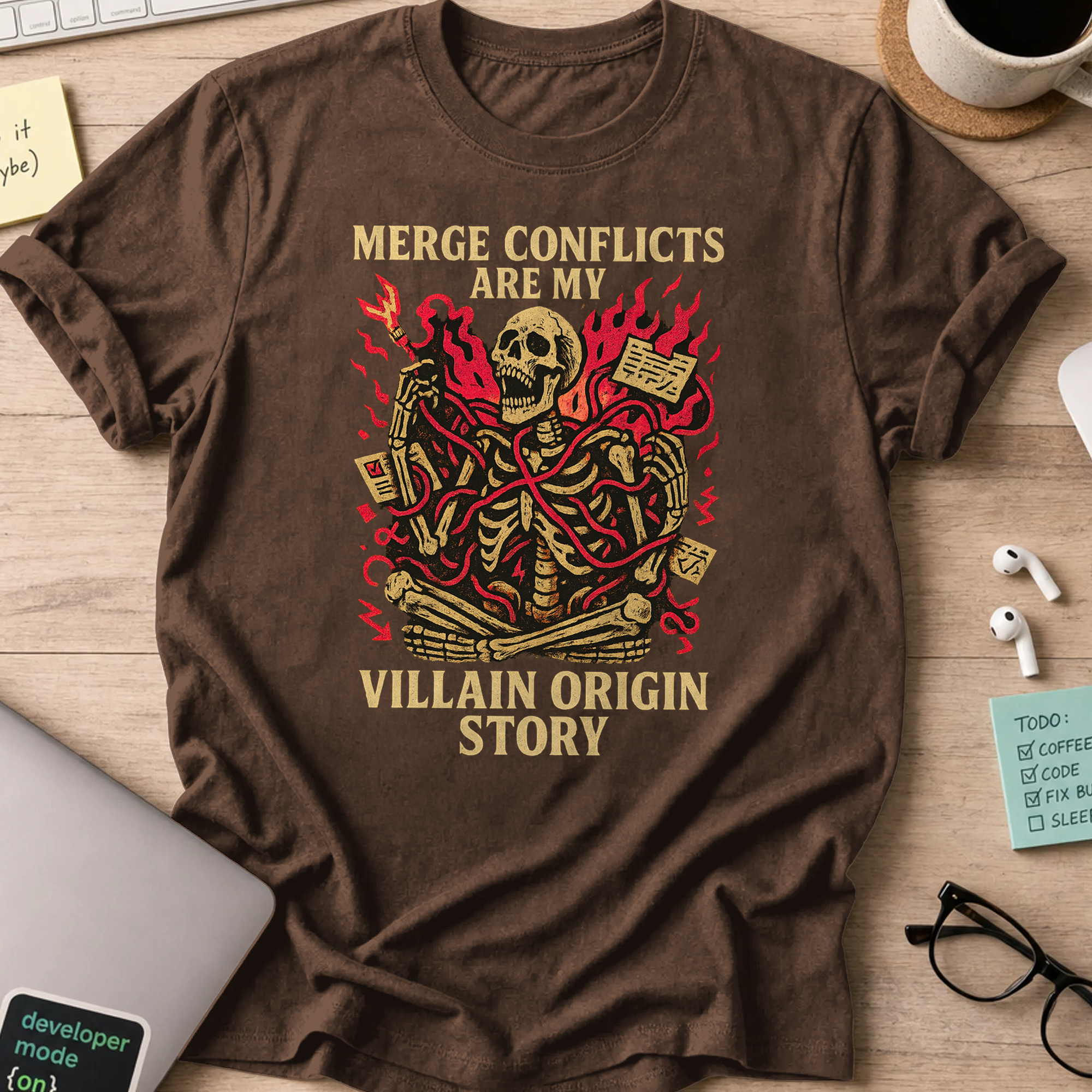 merge conflicts are my villain origin story skeleton shirt - Dark Chocolate
