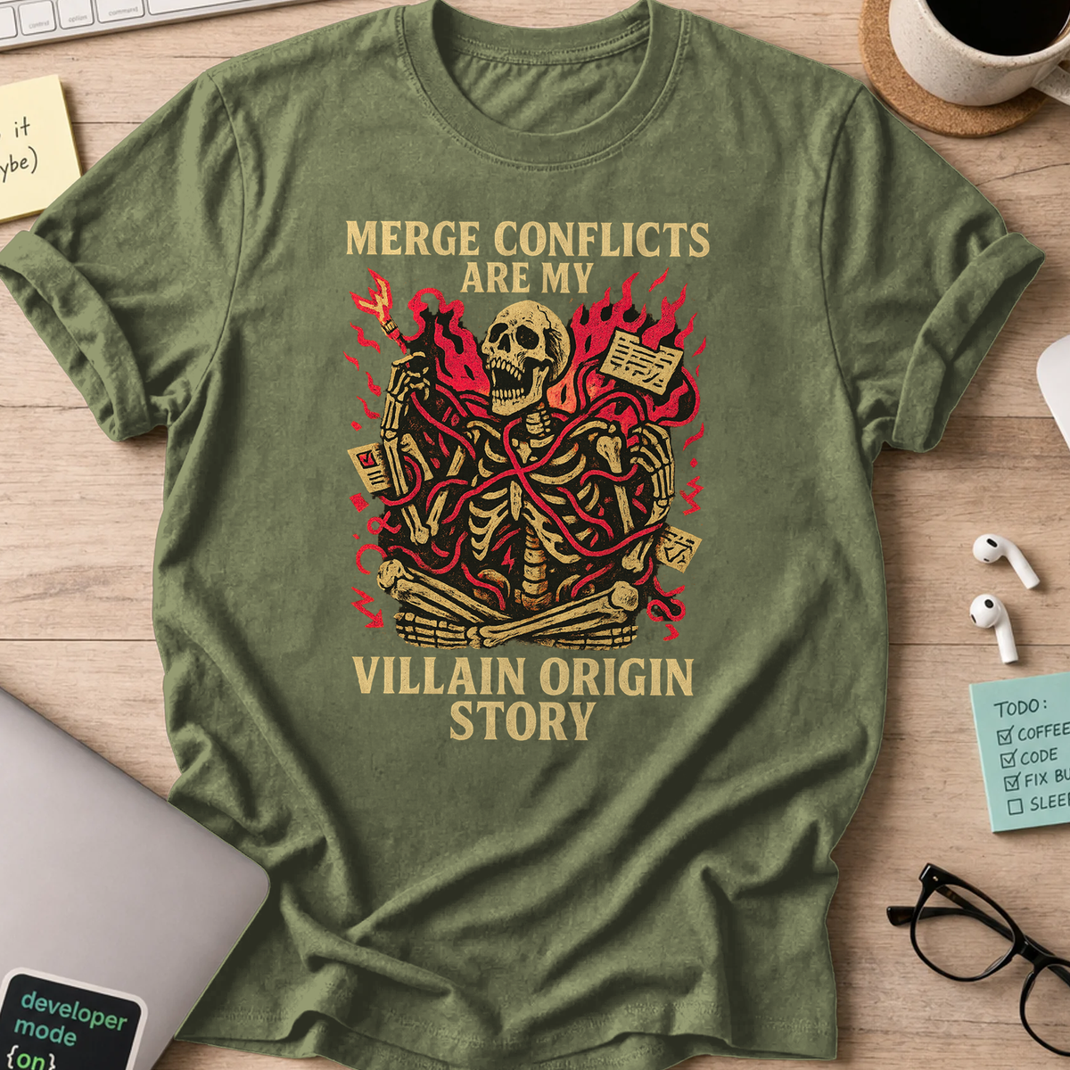 merge conflicts are my villain origin story skeleton shirt - Military Green