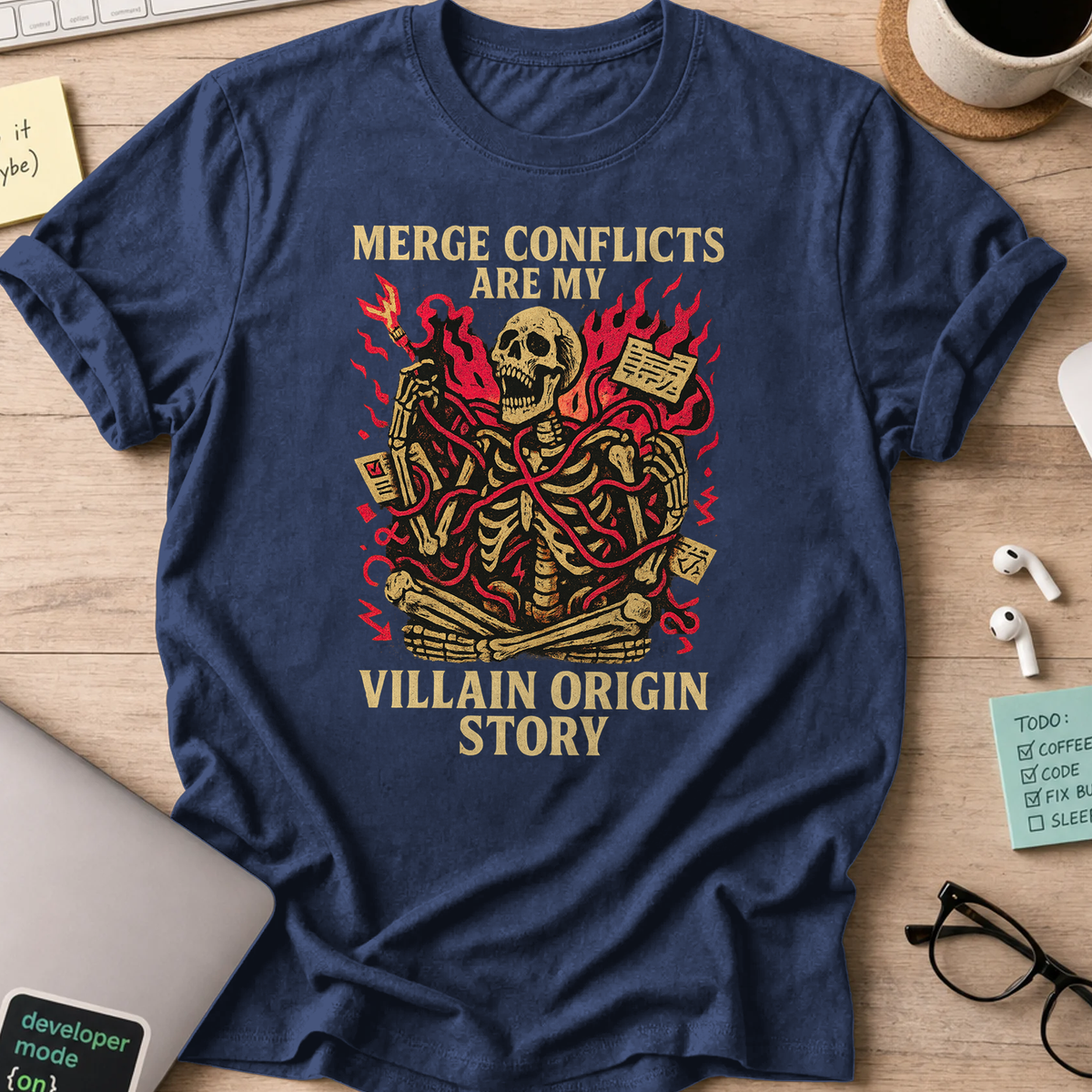 merge conflicts are my villain origin story skeleton shirt - Navy
