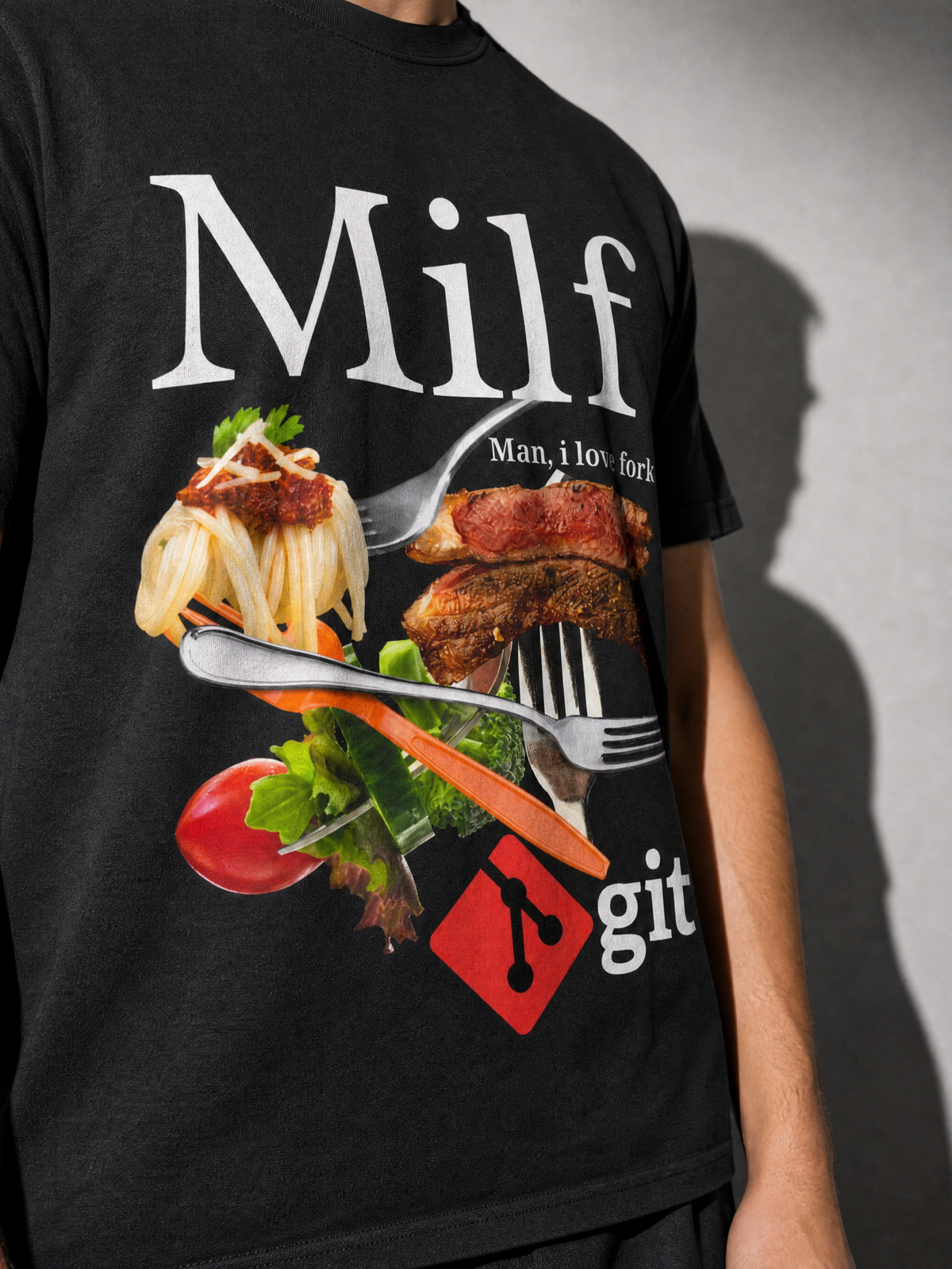 man i love fork git — Black print close-up