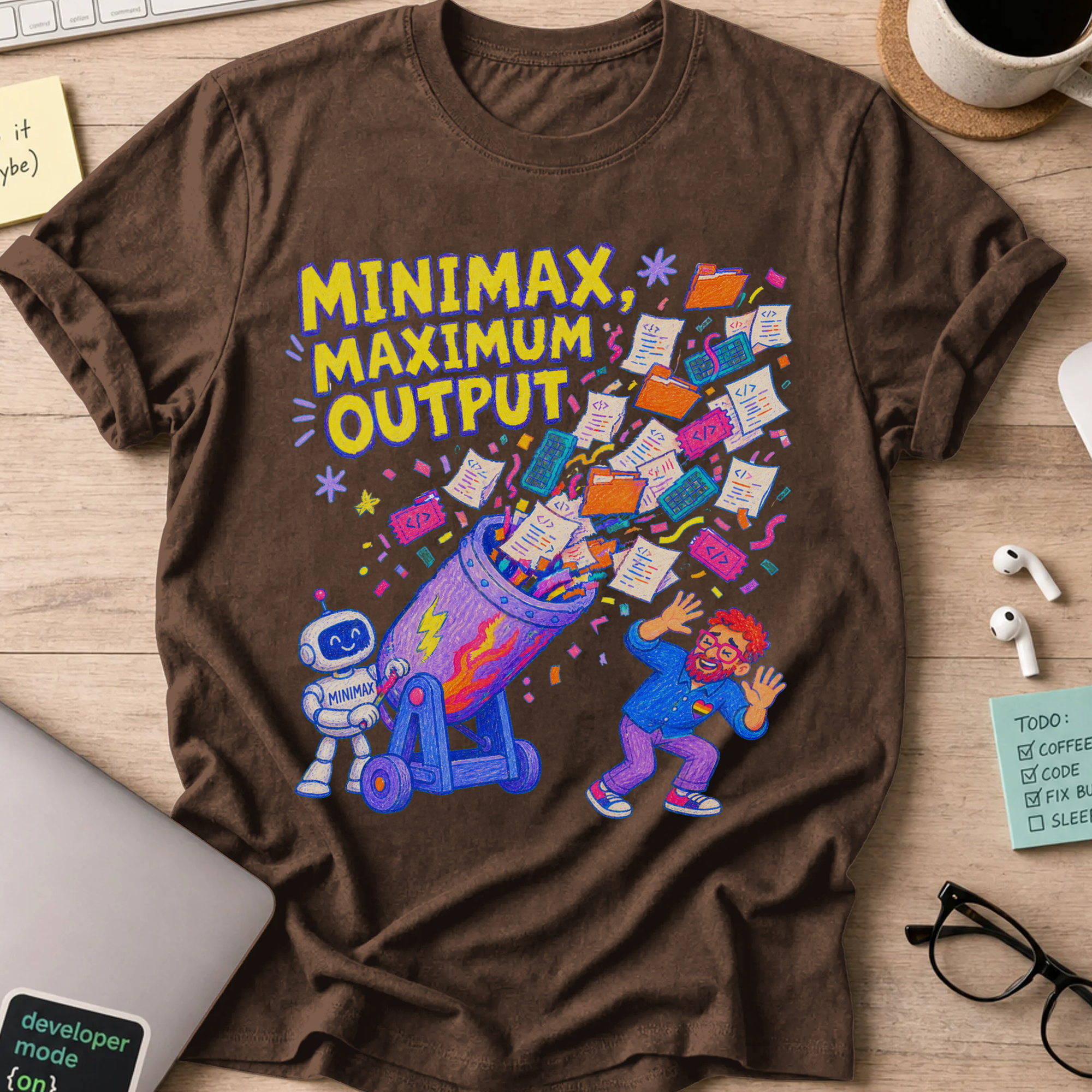 MiniMax, Maximum Output Shirt — Dark Chocolate storefront mockup