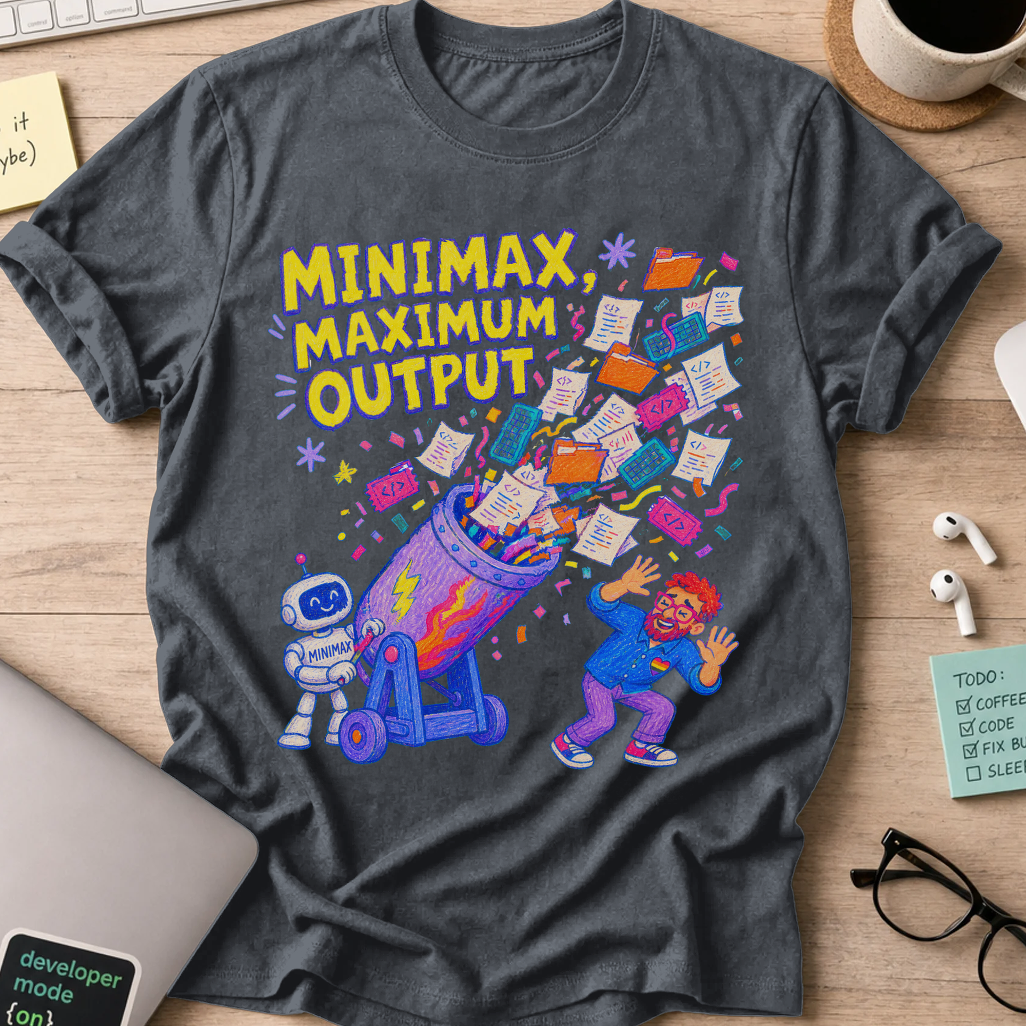 MiniMax, Maximum Output Shirt — Dark Heather storefront mockup