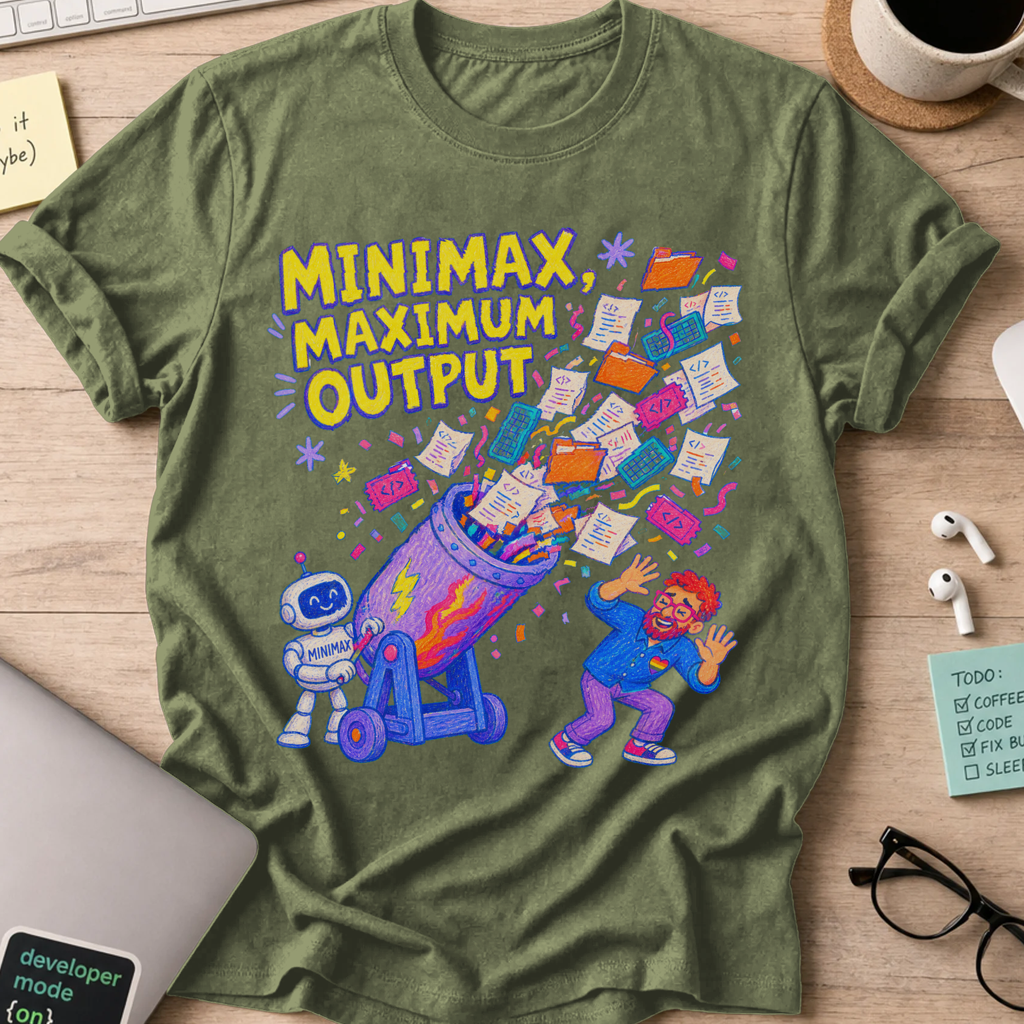 MiniMax, Maximum Output Shirt — Military Green storefront mockup