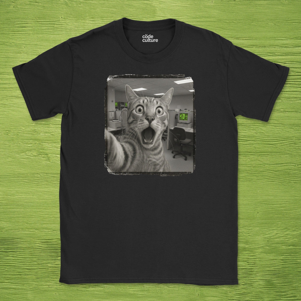 Code Culture shocked cat IT department shirt funny programmer T-Shirt in Dark Heather Grey — Code Culture developer clothing