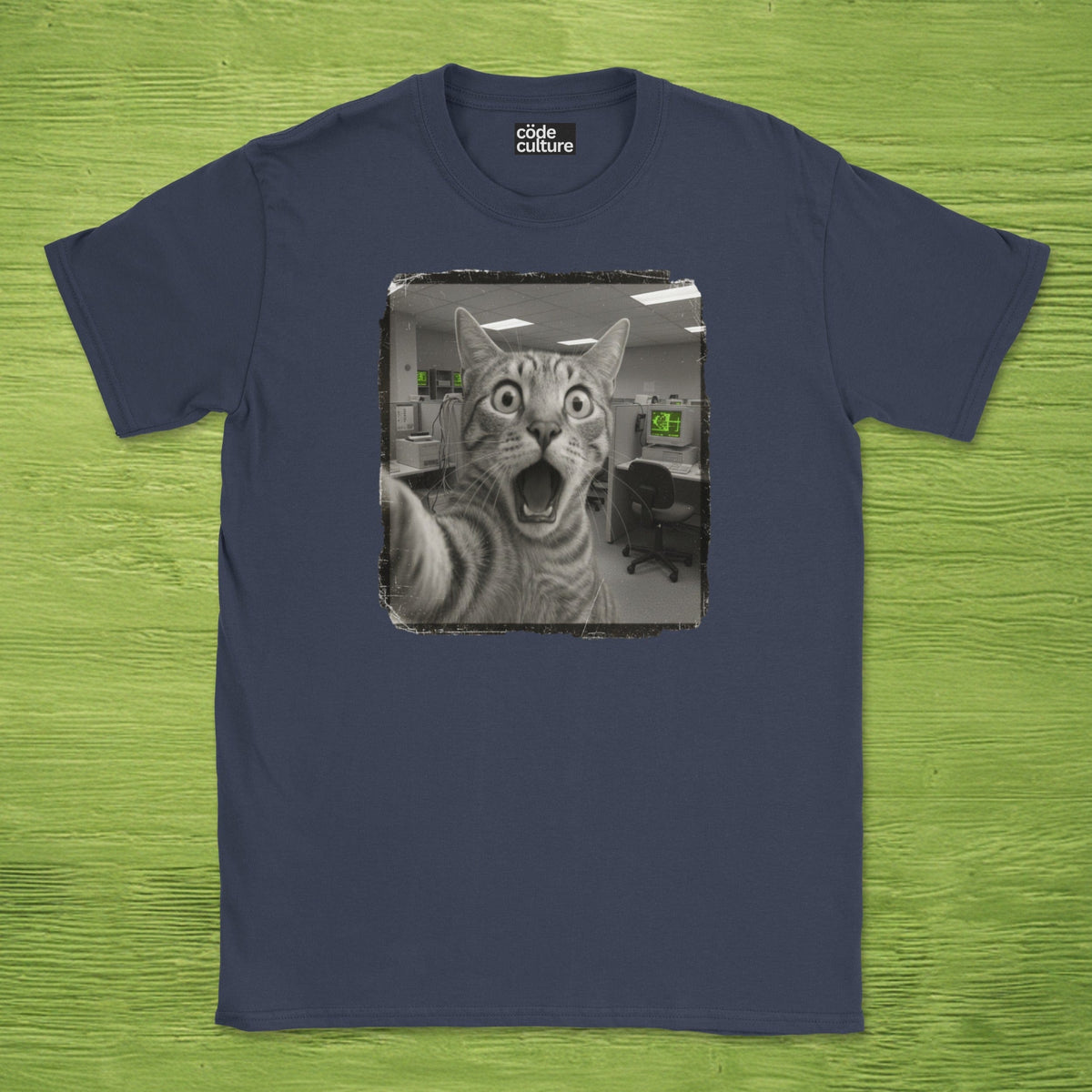 Code Culture shocked cat IT department shirt funny programmer T-Shirt in Dark Heather Grey — Code Culture developer clothing