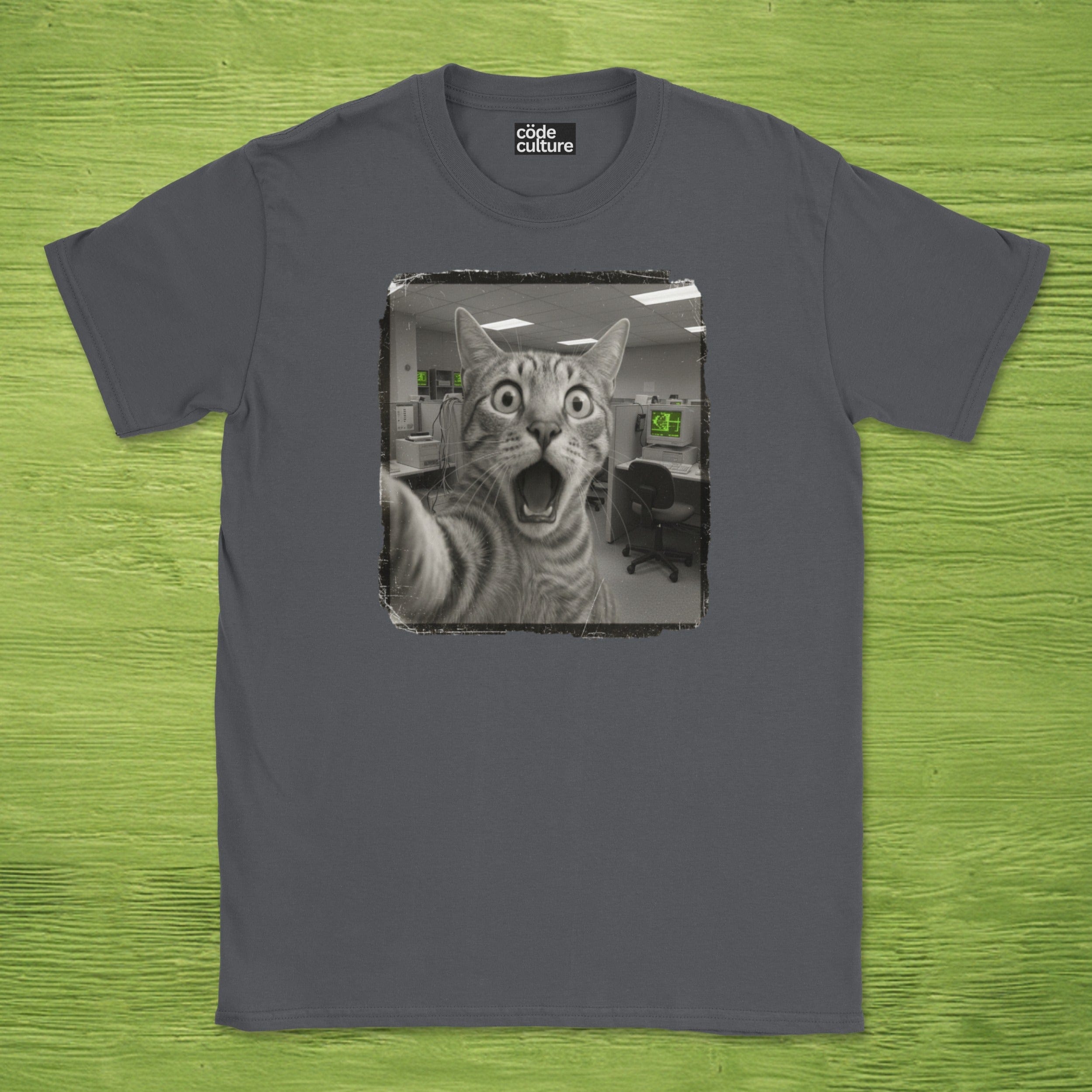 Code Culture shocked cat IT department shirt funny programmer T-Shirt in Dark Heather Grey — Code Culture developer clothing