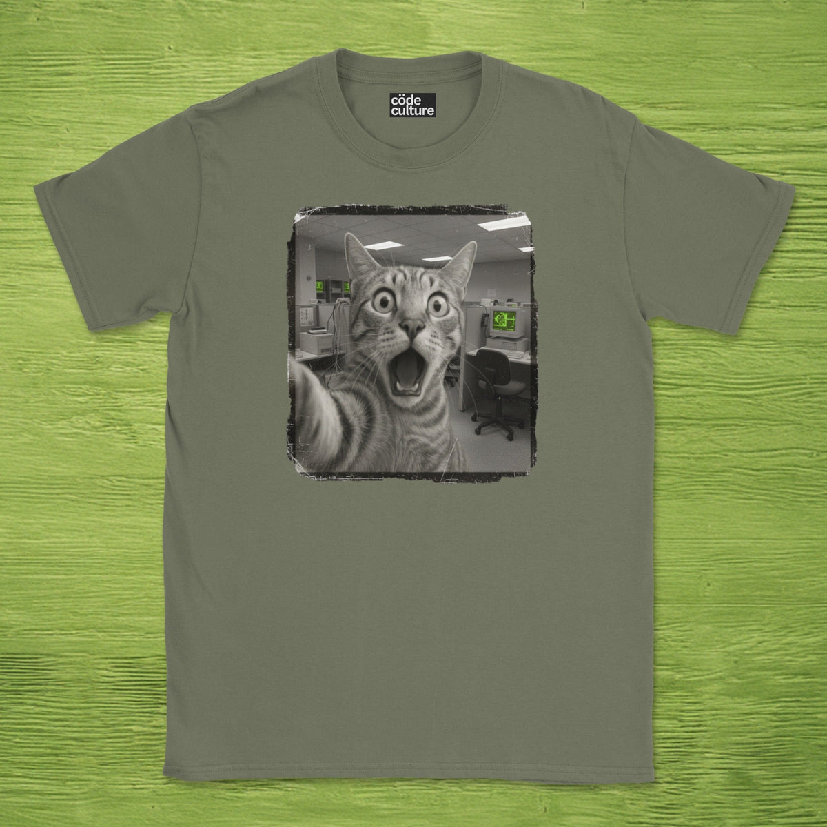 Code Culture shocked cat IT department shirt funny programmer T-Shirt in Dark Heather Grey — Code Culture developer clothing