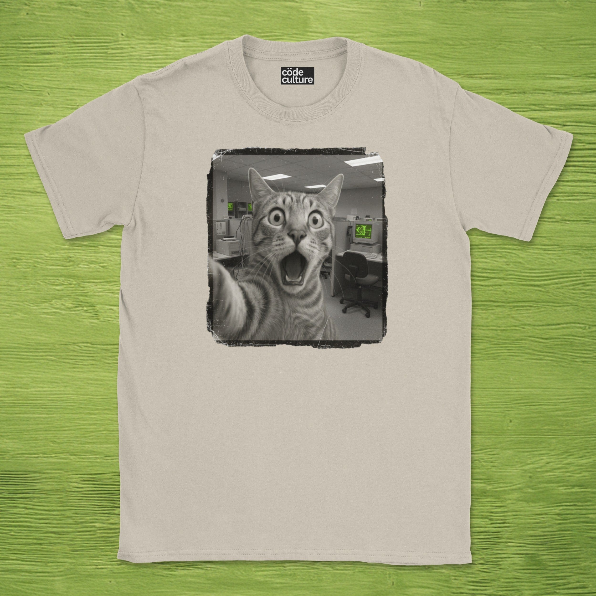 Code Culture shocked cat IT department shirt funny programmer T-Shirt in Dark Heather Grey — Code Culture developer clothing