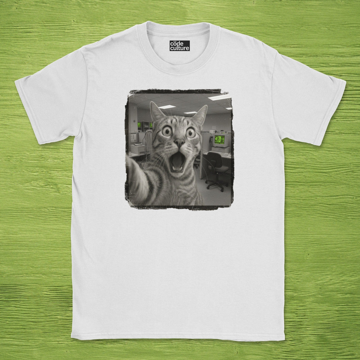 Code Culture shocked cat IT department shirt funny programmer T-Shirt in Dark Heather Grey — Code Culture developer clothing