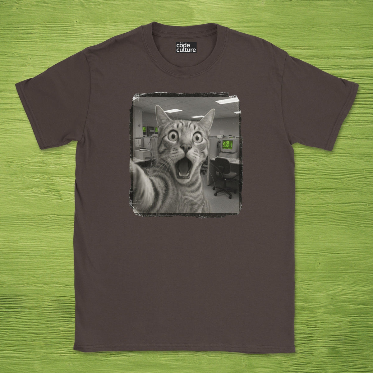 Code Culture shocked cat IT department shirt funny programmer T-Shirt in Dark Heather Grey — Code Culture developer clothing