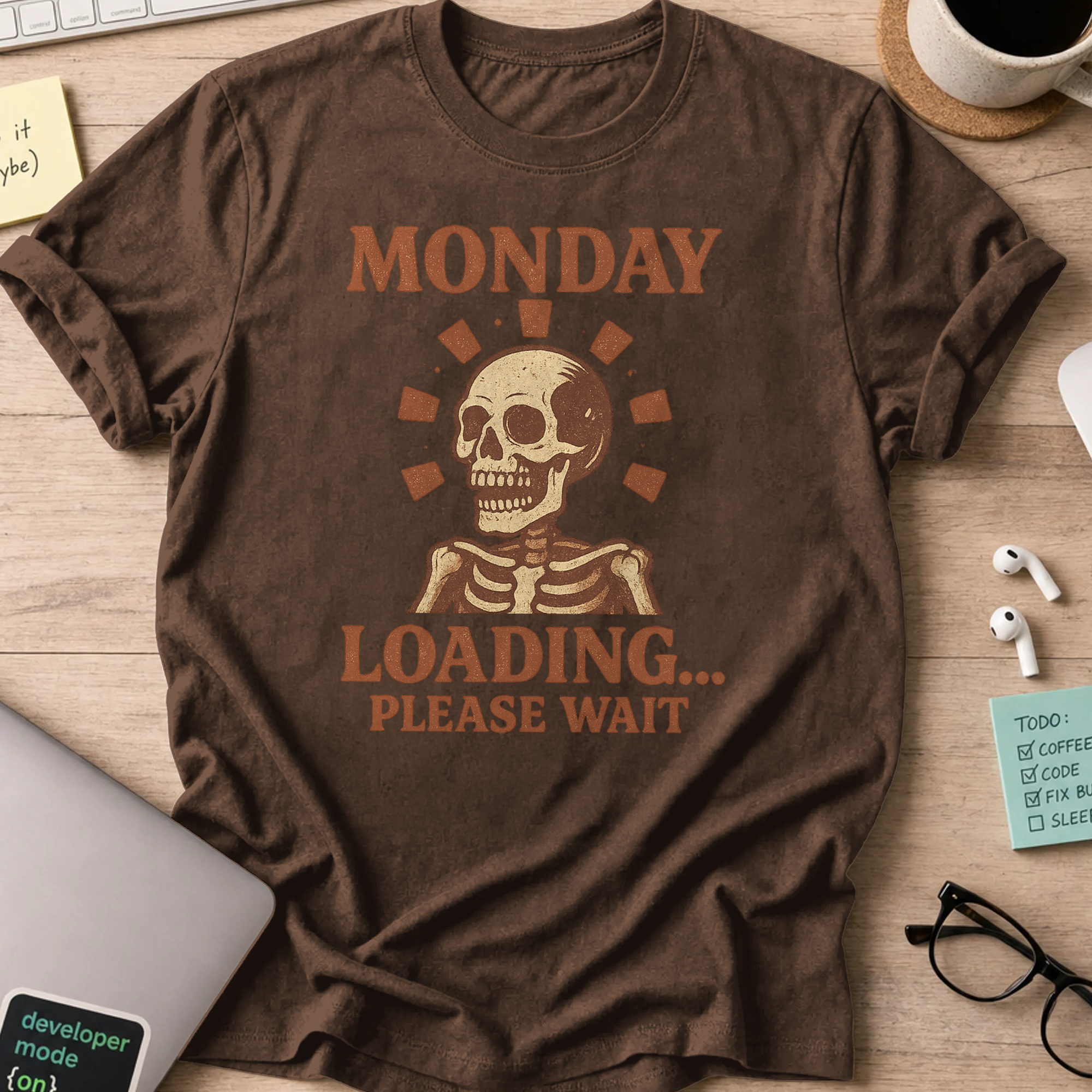 monday loading… please wait skeleton shirt - Dark Chocolate
