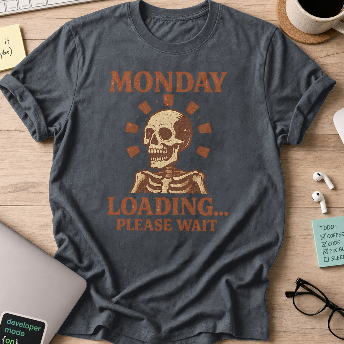 monday loading… please wait skeleton shirt - Dark Heather