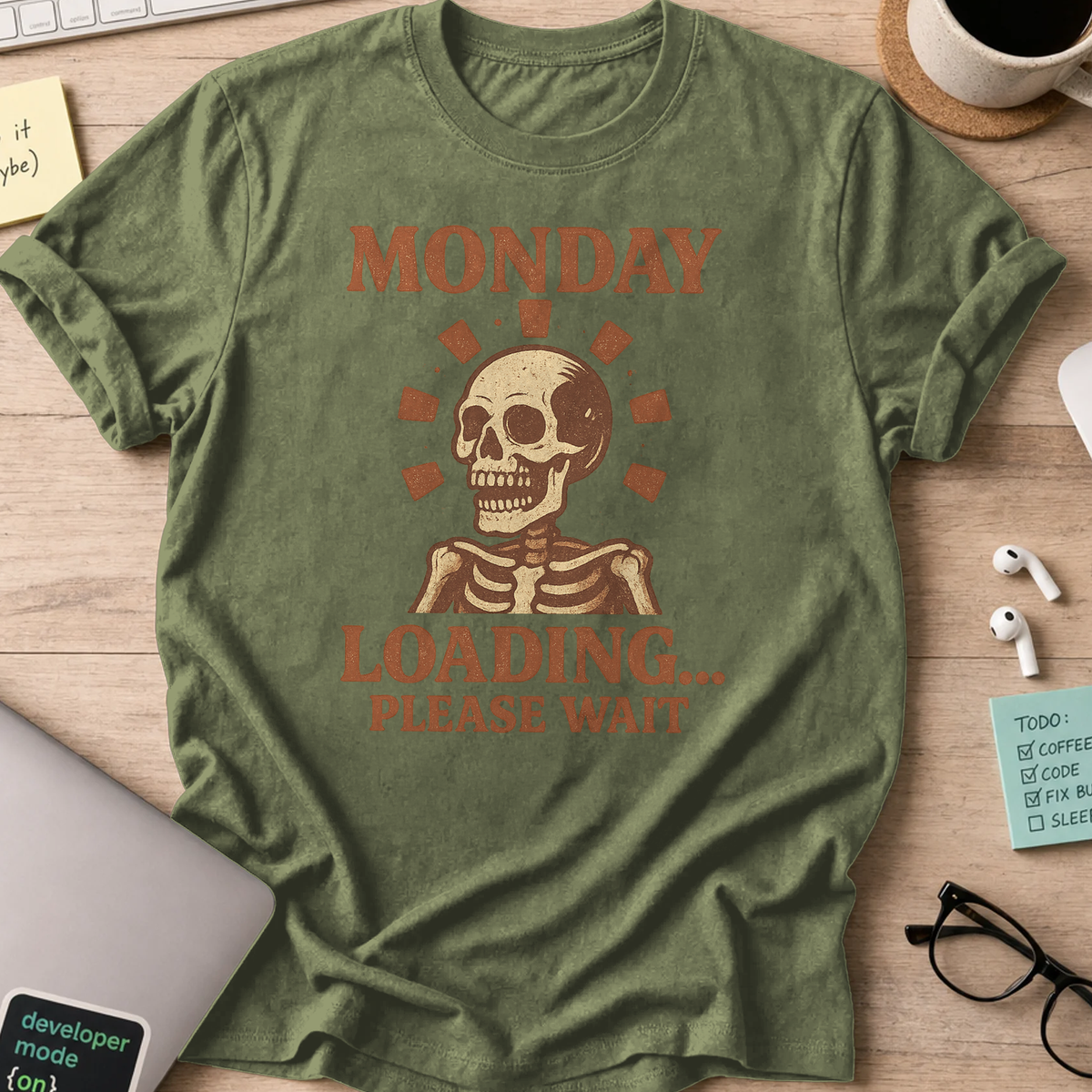 monday loading… please wait skeleton shirt - Military Green