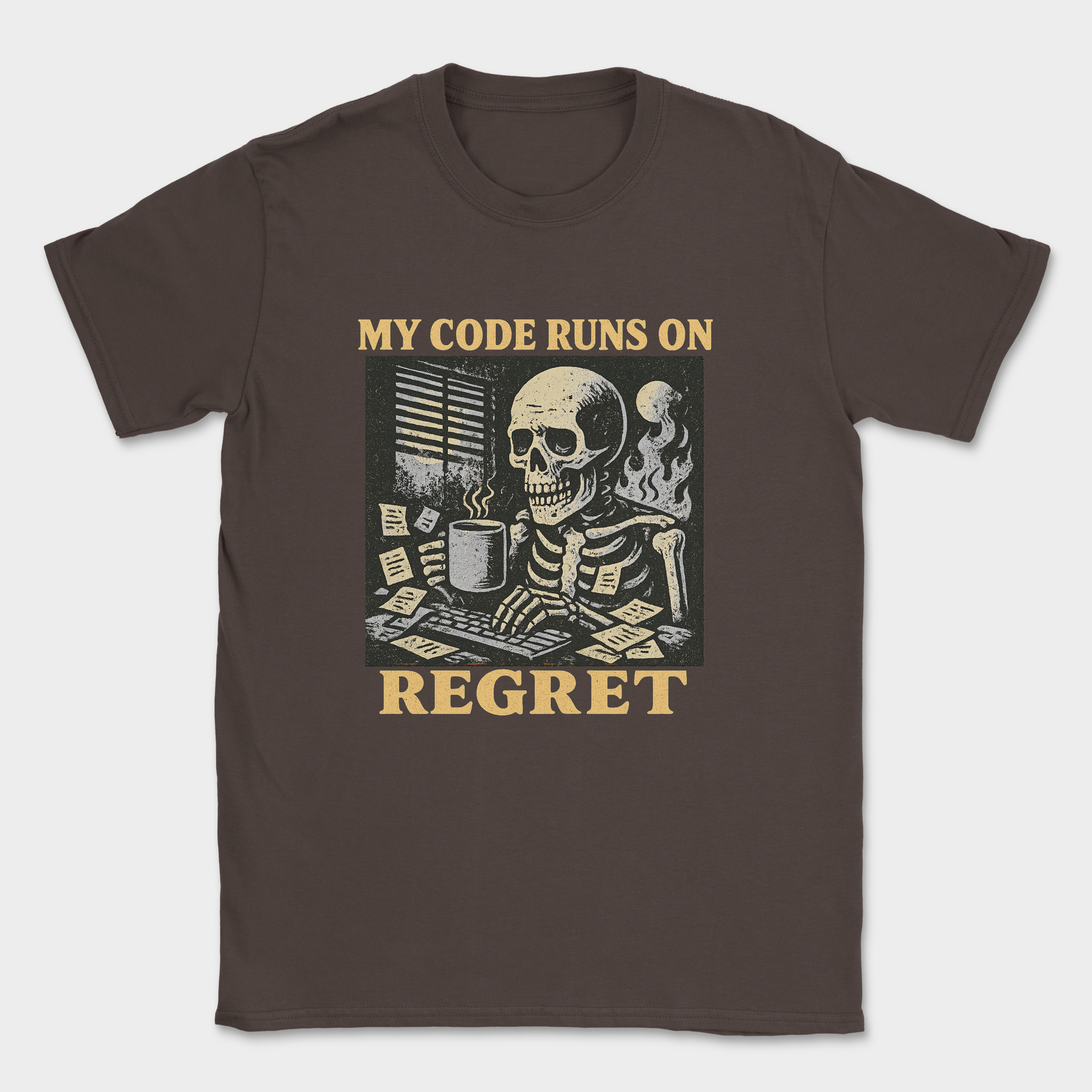 my code runs on regret skeleton shirt — Dark Chocolate