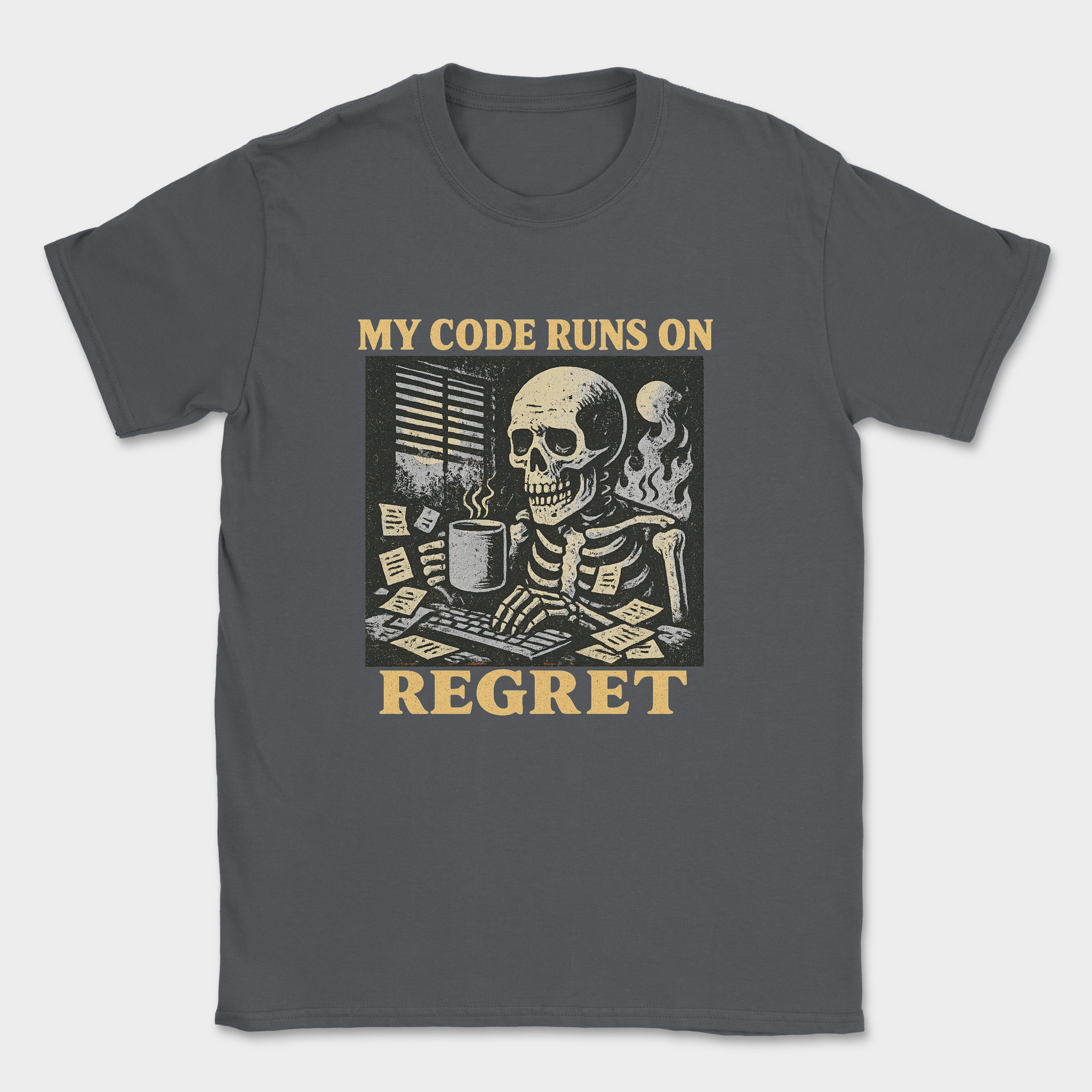 my code runs on regret skeleton shirt — Dark Heather Grey